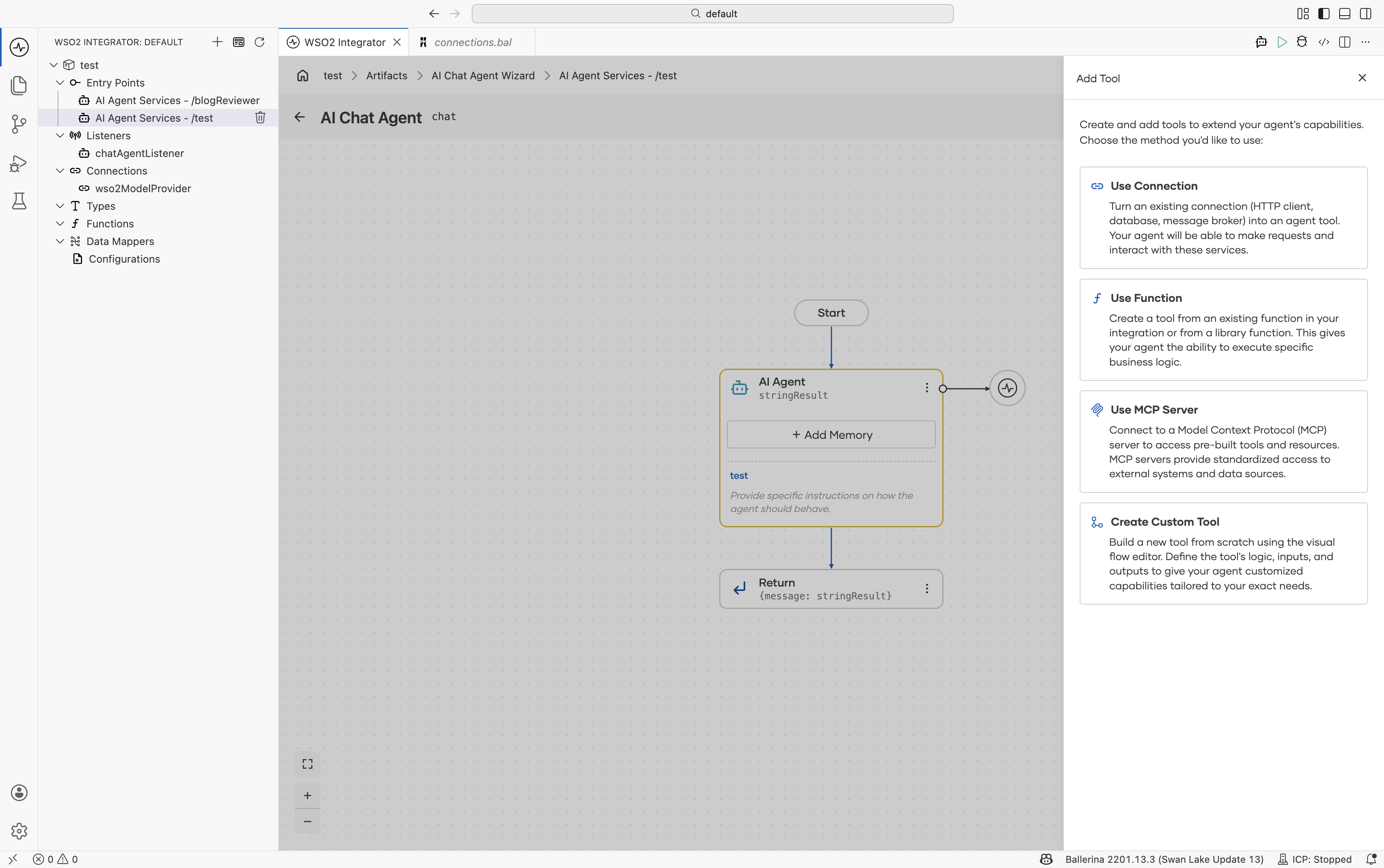 The Add Tool dialog with four options: Use Connection, Use Function, Use MCP Server, Create Custom Tool. Each option has a one-line description.