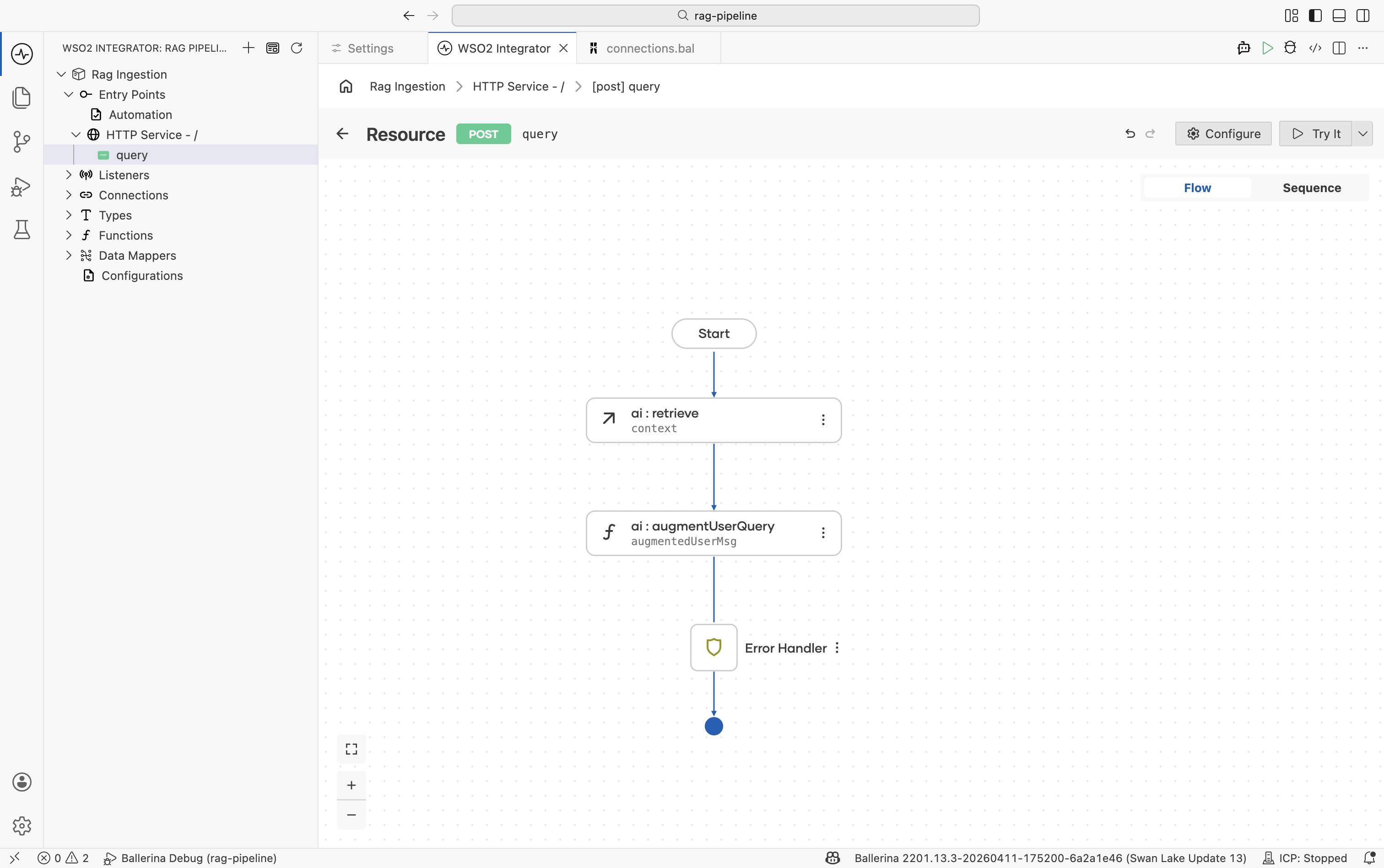 Flow editor showing the Augment User Query node added after the Retrieve node.