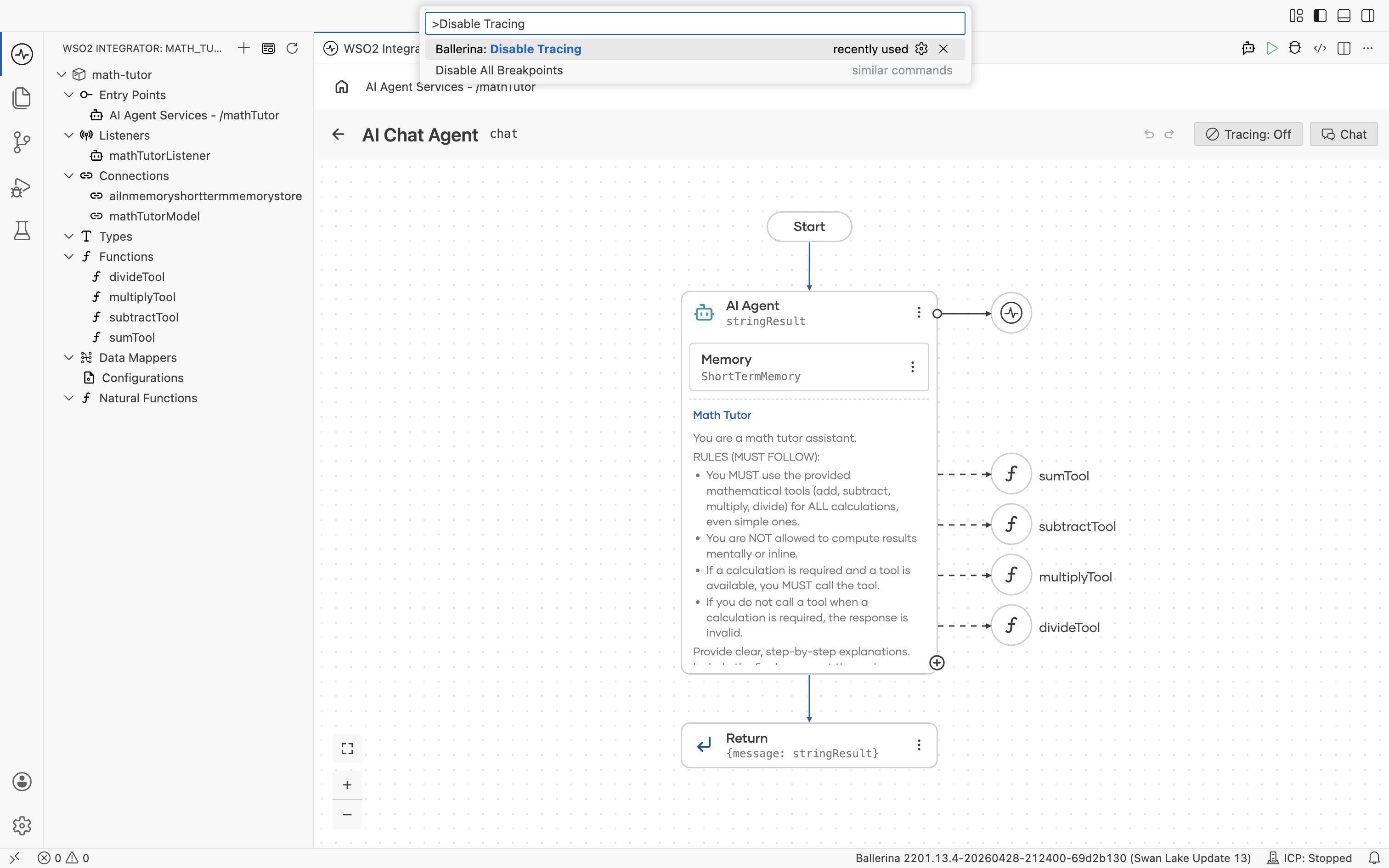 WSO2 Integrator IDE command palette with 'Disable Tracing' typed. The top suggestion is 'Ballerina: Disable Tracing'.