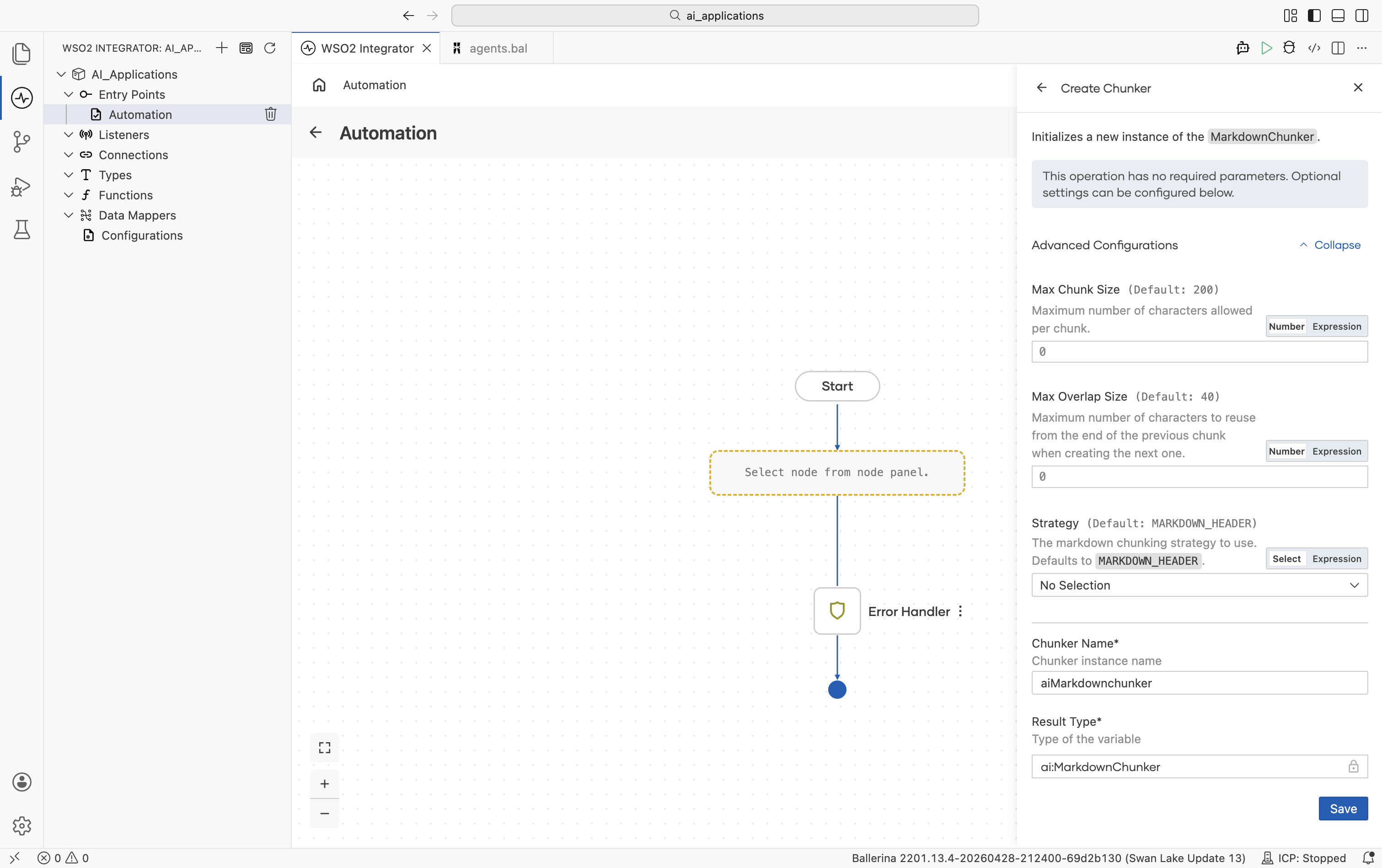 Markdown Chunker Create form with Advanced Configurations expanded showing Max Chunk Size (default 200), Max Overlap Size (default 40), Strategy (default MARKDOWN_HEADER).