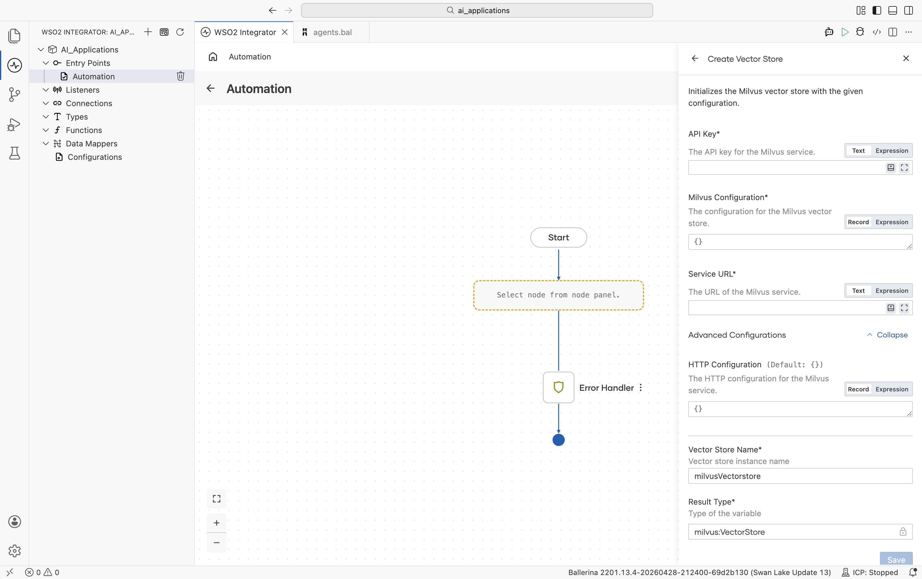Milvus Vector Store Create form with Advanced Configurations expanded showing HTTP Configuration (default ).