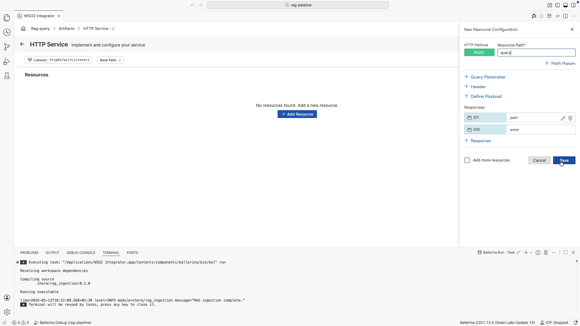 New Resource Configuration panel with POST method and query resource path filled in.