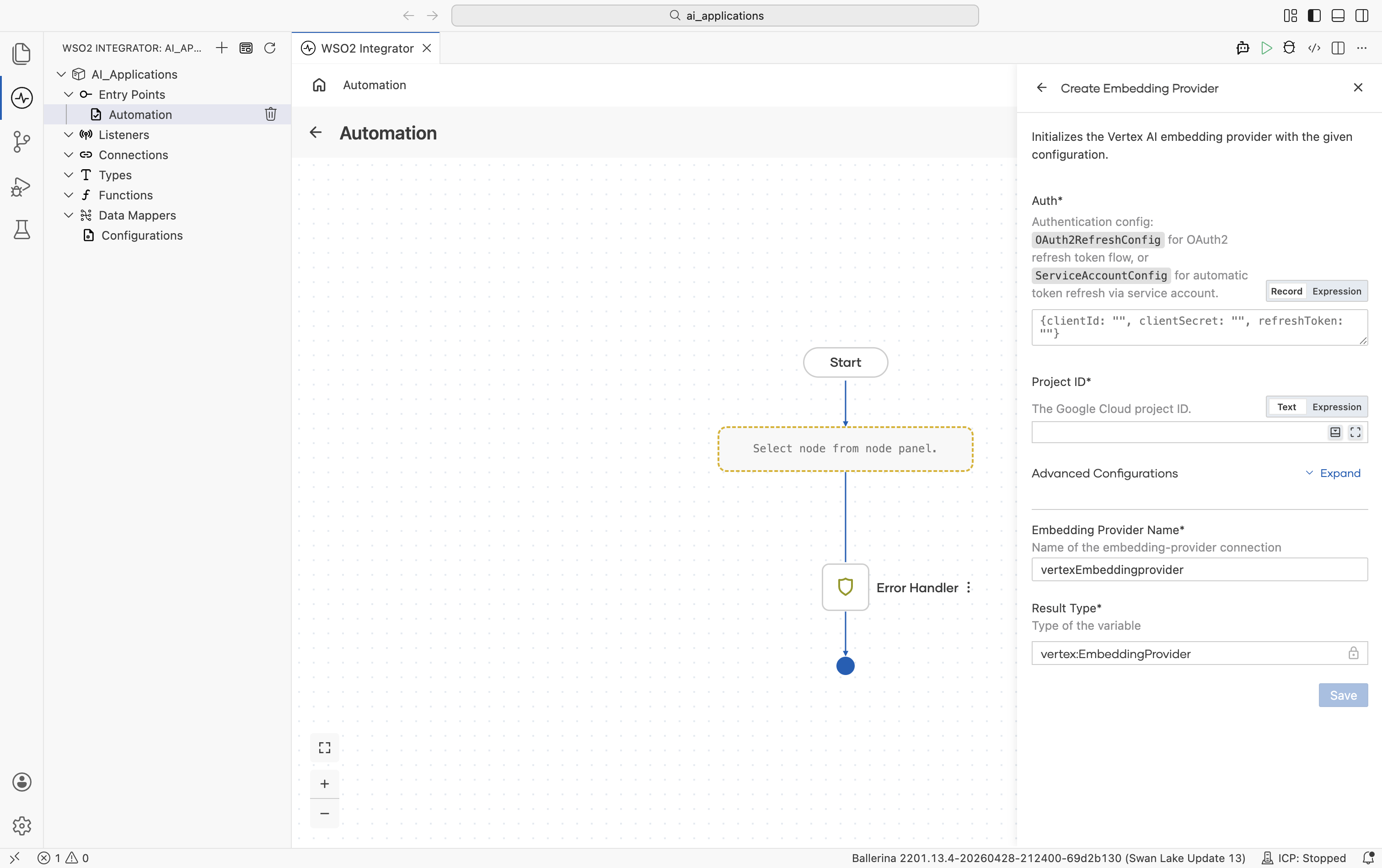 Create Embedding Provider form for Google Vertex showing two required fields: Auth (record/expression toggle, with hint 'OAuth2RefreshConfig for OAuth2 refresh token flow, or ServiceAccountConfig for automatic token refresh via service account') and Project ID. Below: Advanced Configurations Expand link, Embedding Provider Name vertexEmbeddingprovider, Result Type vertex.