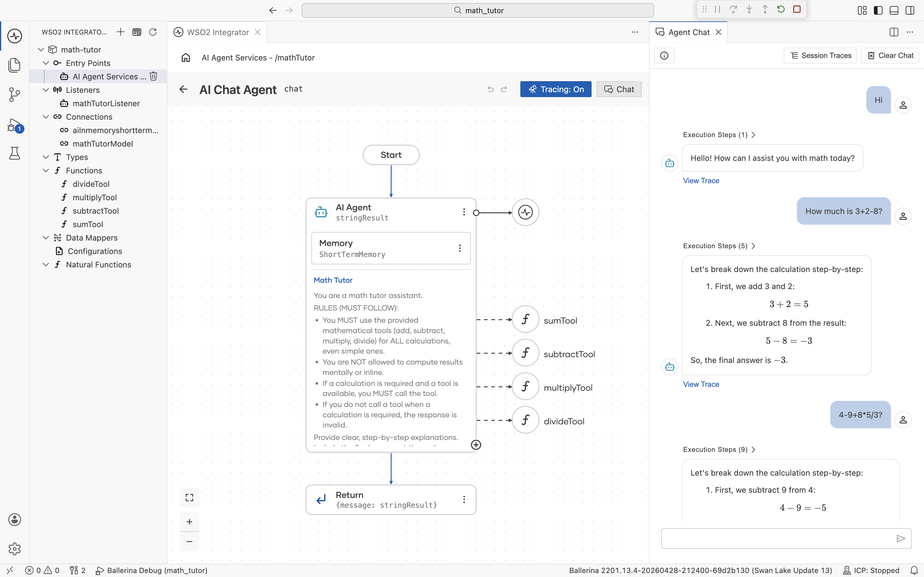 The Agent Chat panel on the right side of the IDE showing a math tutor conversation. Each agent reply has an 'Execution Steps (n)' label and a 'View Trace' link below it. The chat header has 'Session Traces' and 'Clear Chat' buttons.