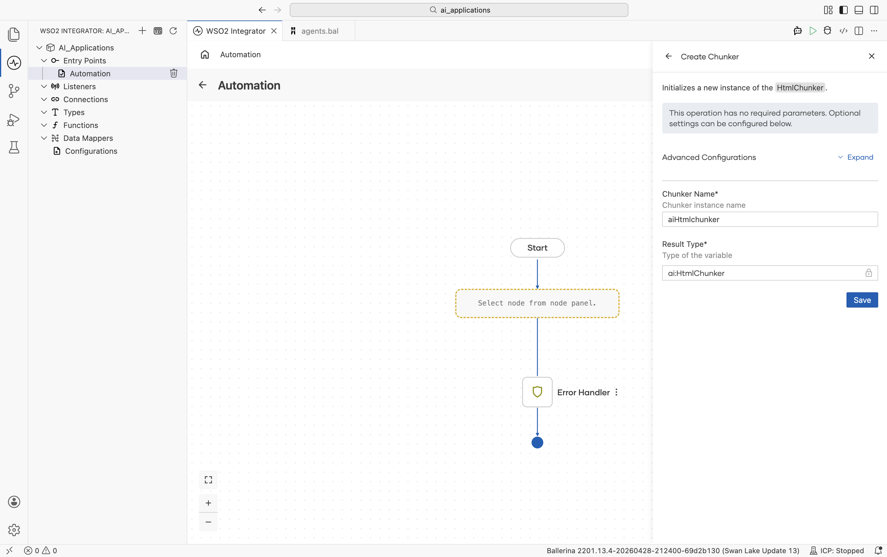 Create Chunker form for HTML showing the banner 'This operation has no required parameters. Optional settings can be configured below.' Advanced Configurations Expand link, Chunker Name aiHtmlchunker, Result Type ai.