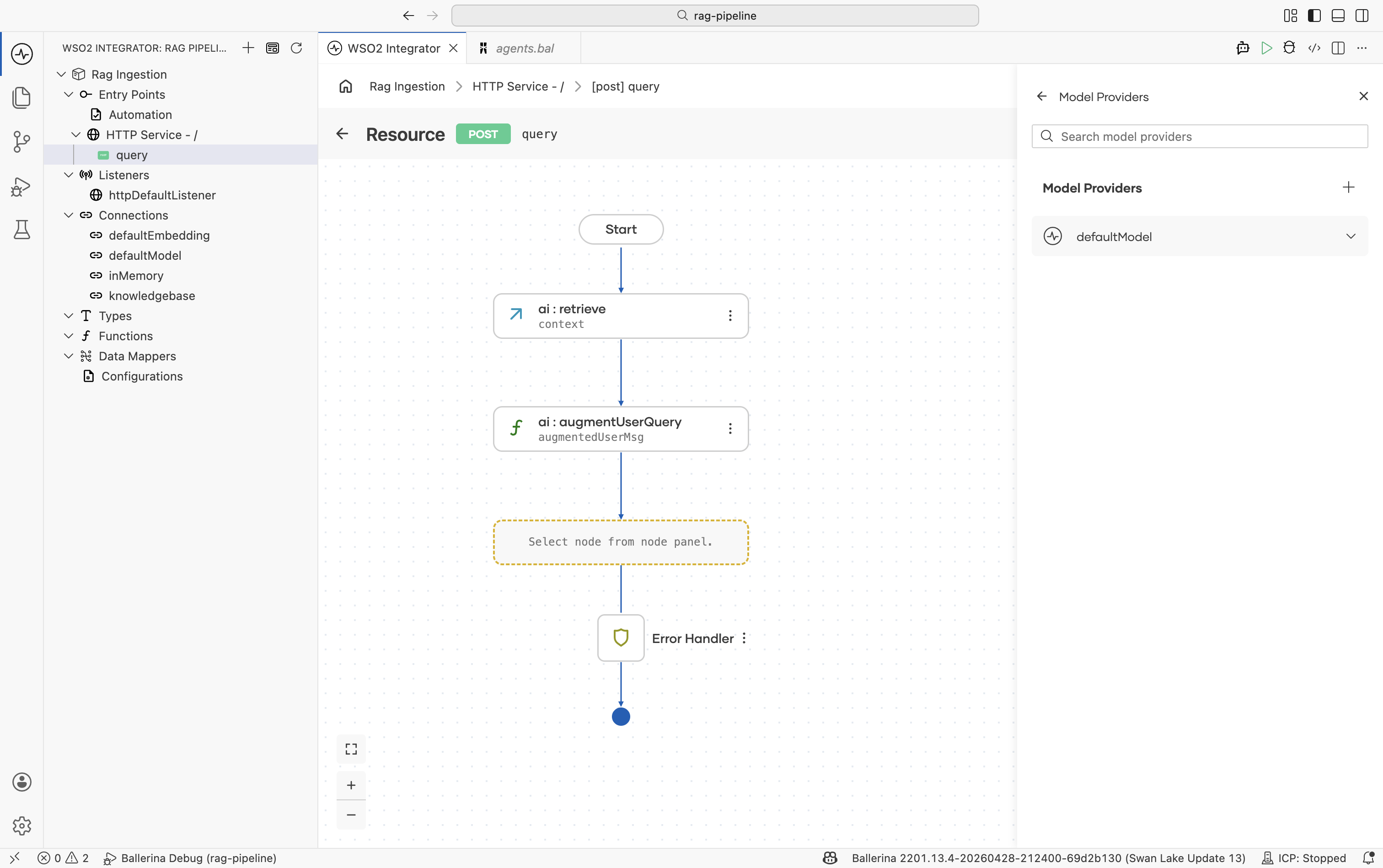 Flow editor showing the model provider node added after the Augment User Query node.