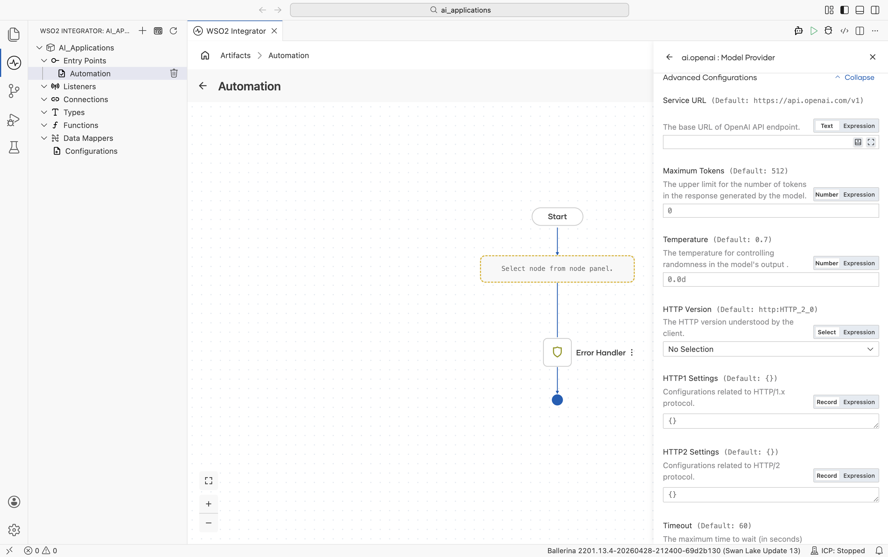 OpenAI Create Model Provider form with Advanced Configurations expanded. Visible fields: Service URL (default https://api.openai.com/v1), Maximum Tokens (default 512), Temperature (default 0.7), HTTP Version (default http), HTTP1 Settings, HTTP2 Settings, Timeout.