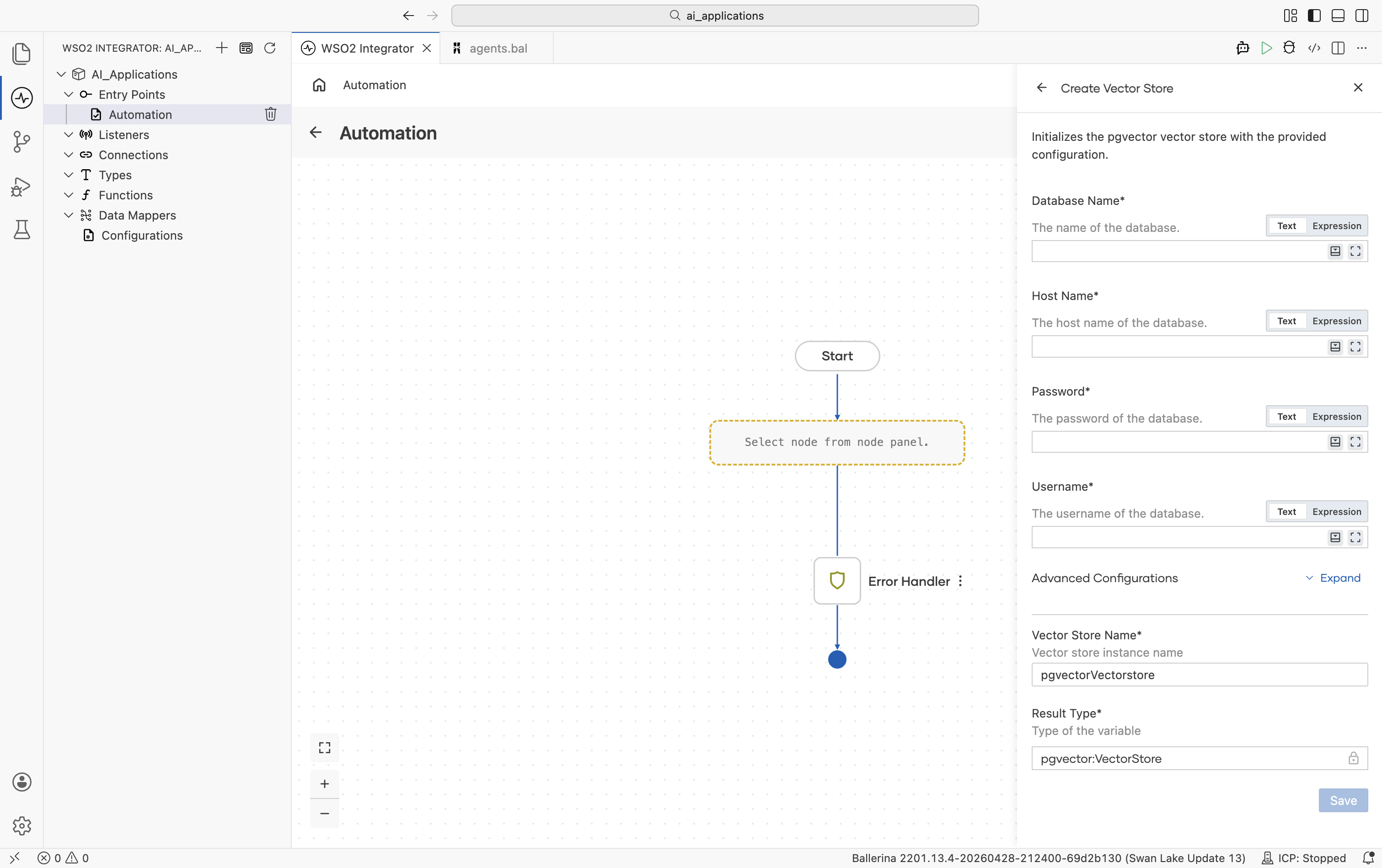 Create Vector Store form for pgvector showing four required fields: Database Name, Host Name, Password, Username. Below: Advanced Configurations Expand link, Vector Store Name pgvectorVectorstore, Result Type pgvector.