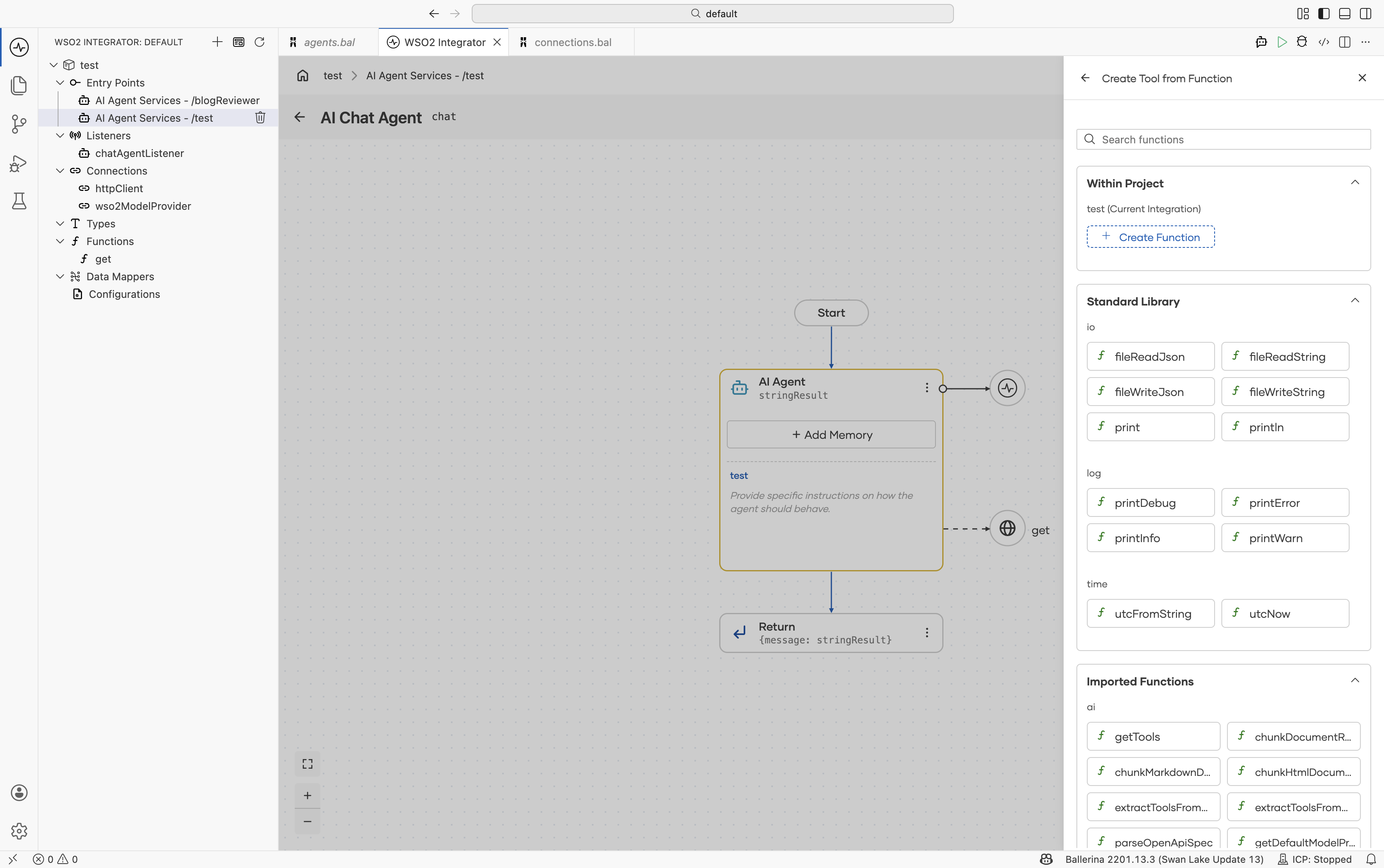 The Create Tool from Function panel with a search box at the top. Sections: Within Project (functions defined in the current project, currently empty since no function has been authored). Standard Library expanded with three subgroups — io (fileReadJson, fileReadString, fileWriteJson, fileWriteString, print, println), log (printDebug, printError, printInfo, printWarn), time (utcFromString, utcNow). Imported Functions section collapsed at the bottom.