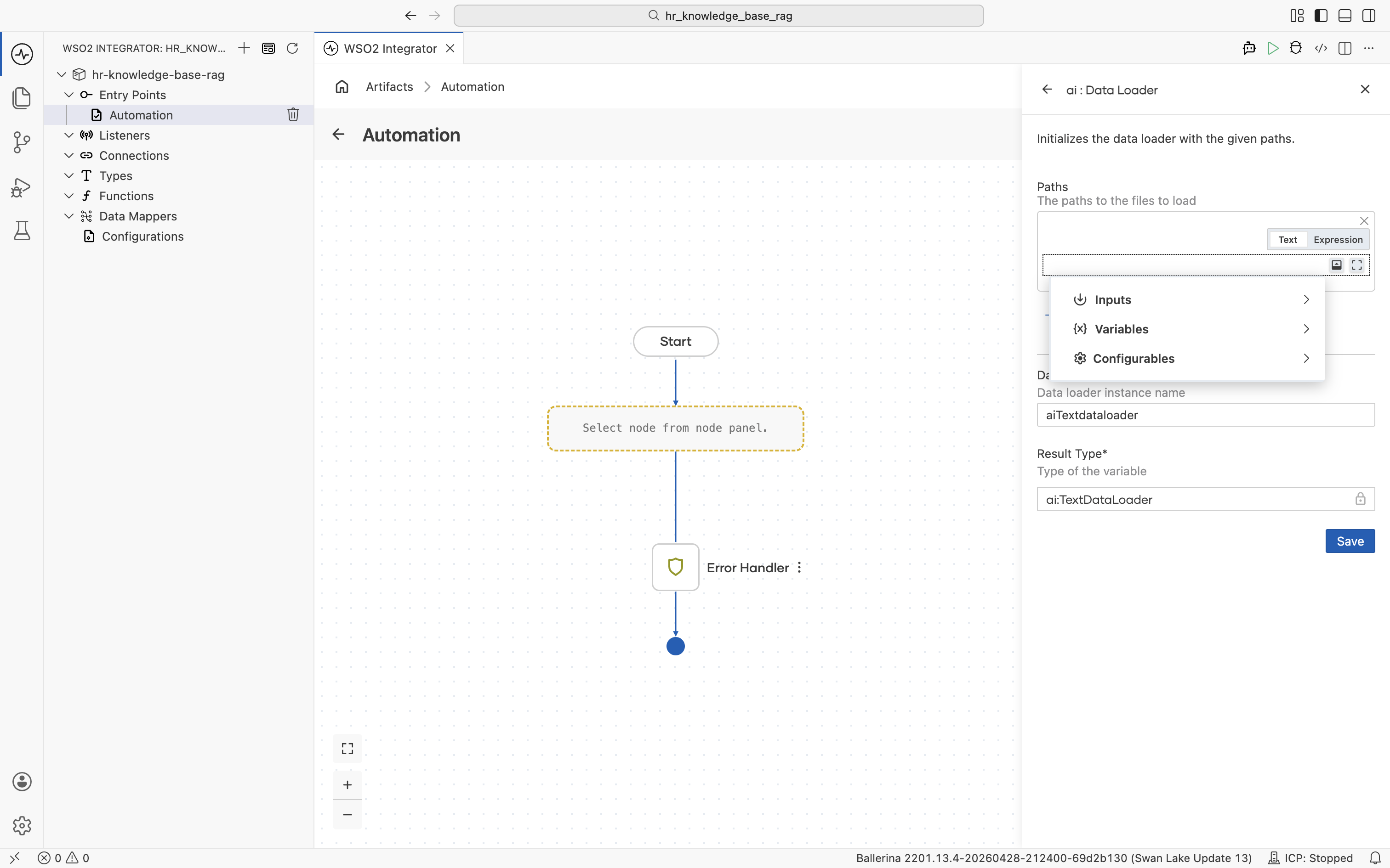 Configurables panel with New Configurable