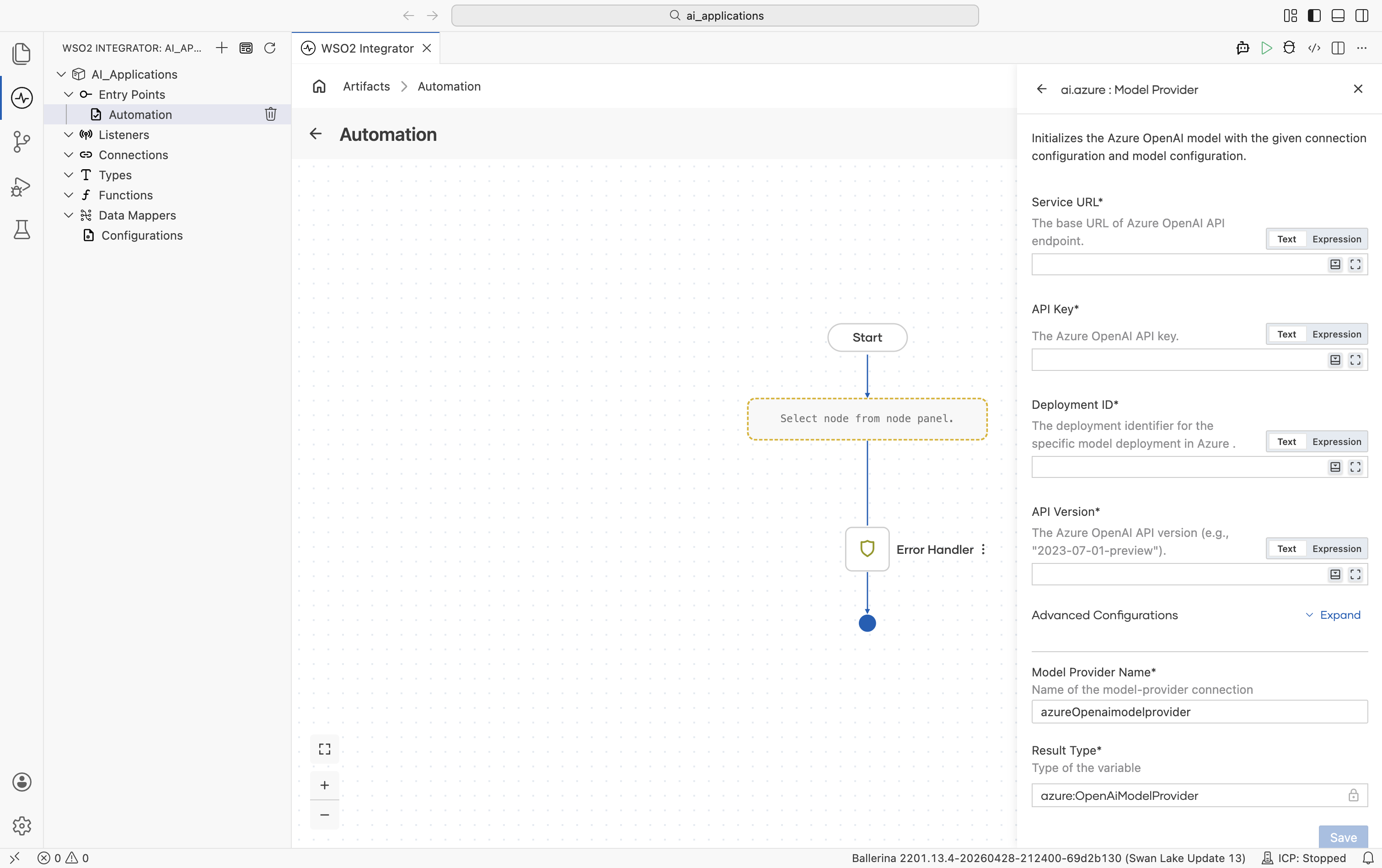 Create Model Provider form for Azure OpenAI showing four required fields: Service URL, API Key, Deployment ID, API Version. Below: Advanced Configurations Expand link, Model Provider Name azureOpenaimodelprovider, Result Type azure.