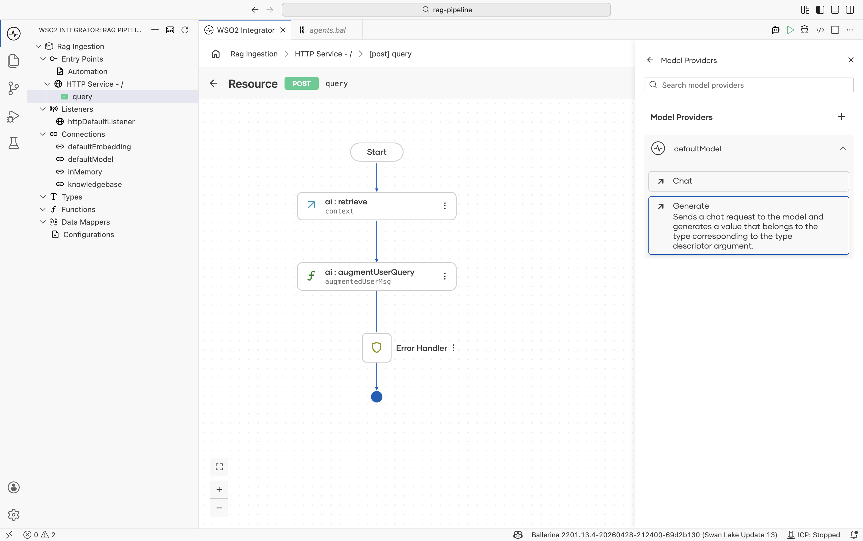 Model provider node with the Generate action selected.