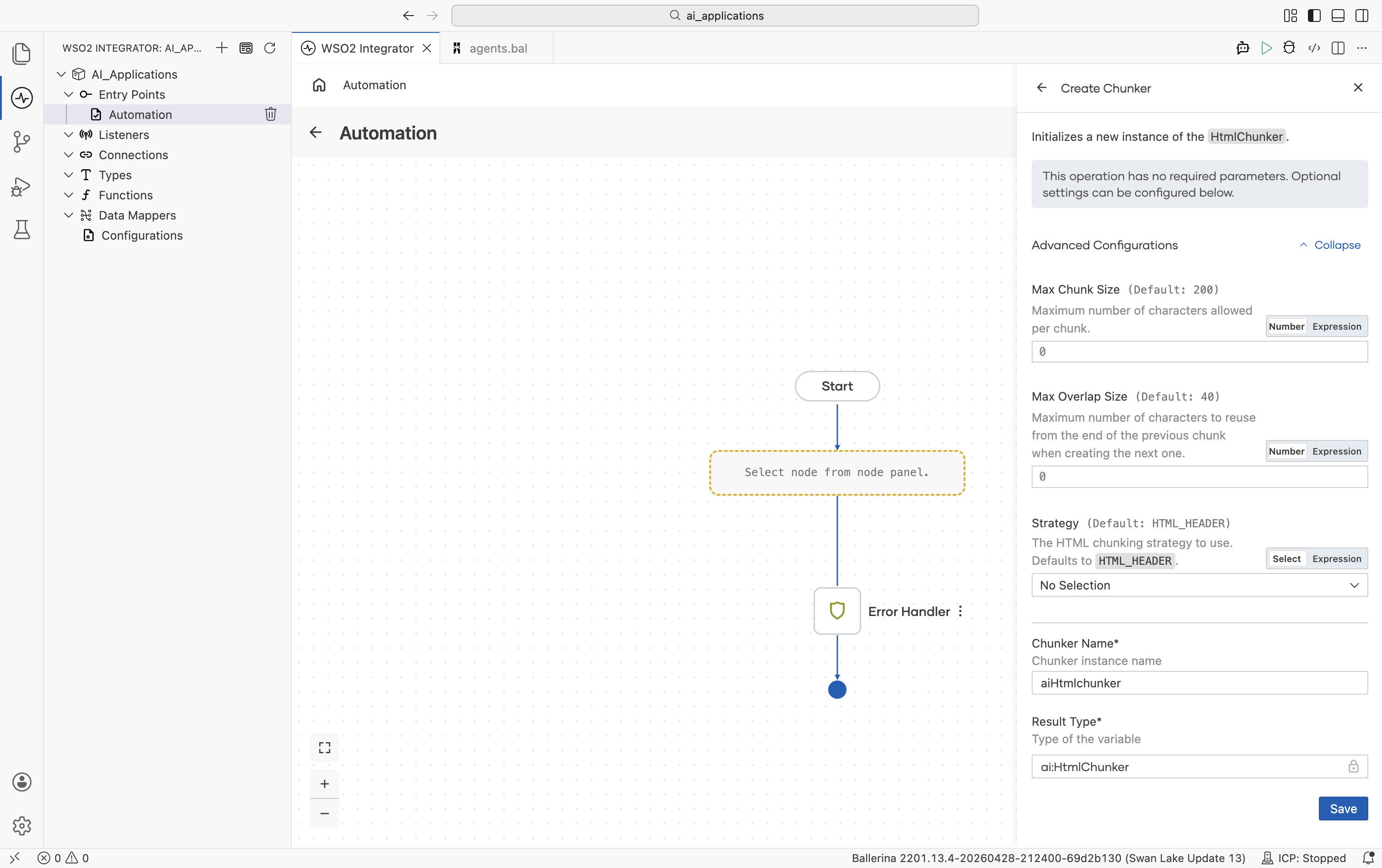 HTML Chunker Create form with Advanced Configurations expanded showing Max Chunk Size (default 200), Max Overlap Size (default 40), Strategy (default HTML_HEADER).