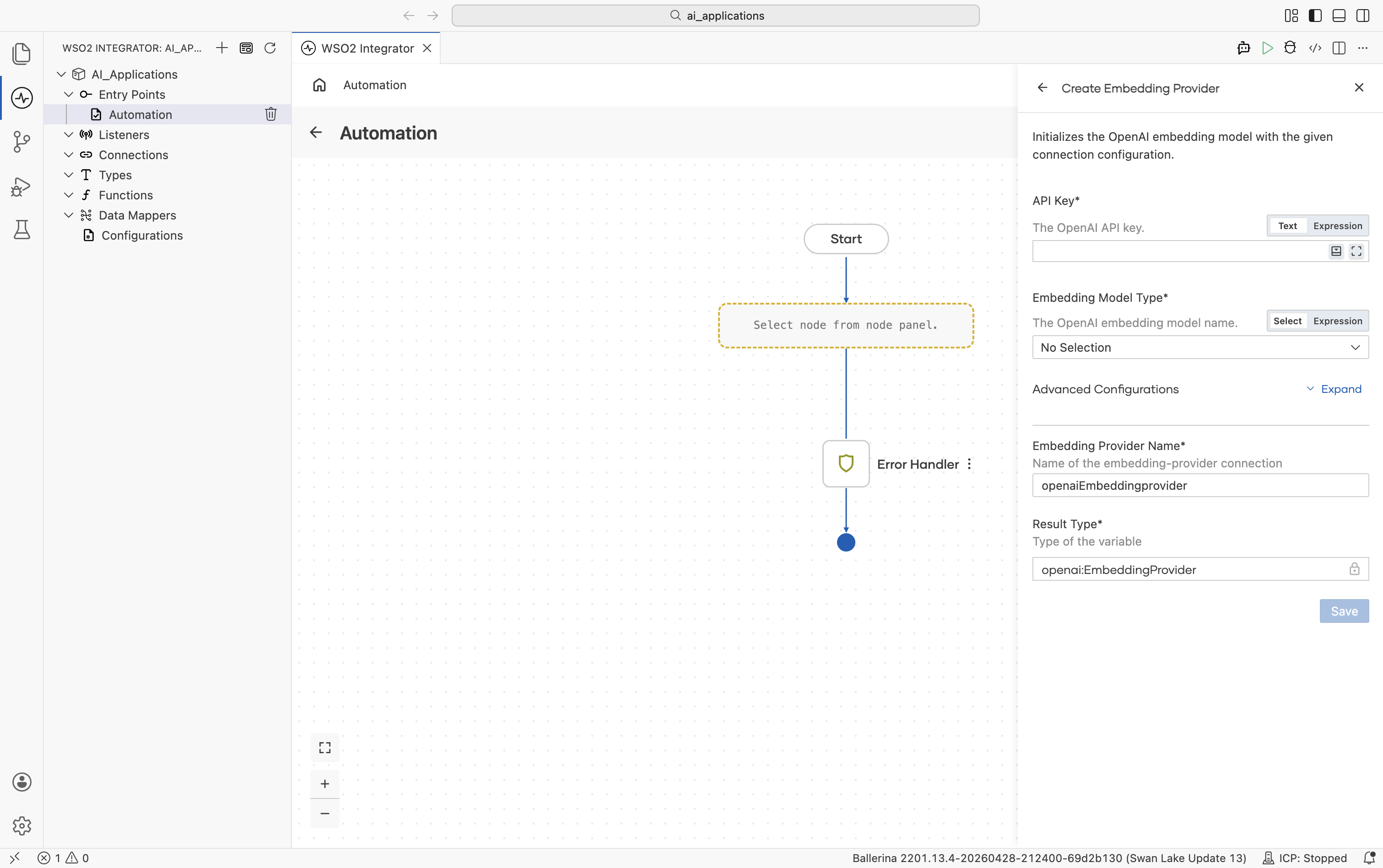 Create Embedding Provider form for OpenAI showing two required fields: API Key and Embedding Model Type. Below: Advanced Configurations Expand link, Embedding Provider Name openaiEmbeddingprovider, Result Type openai.