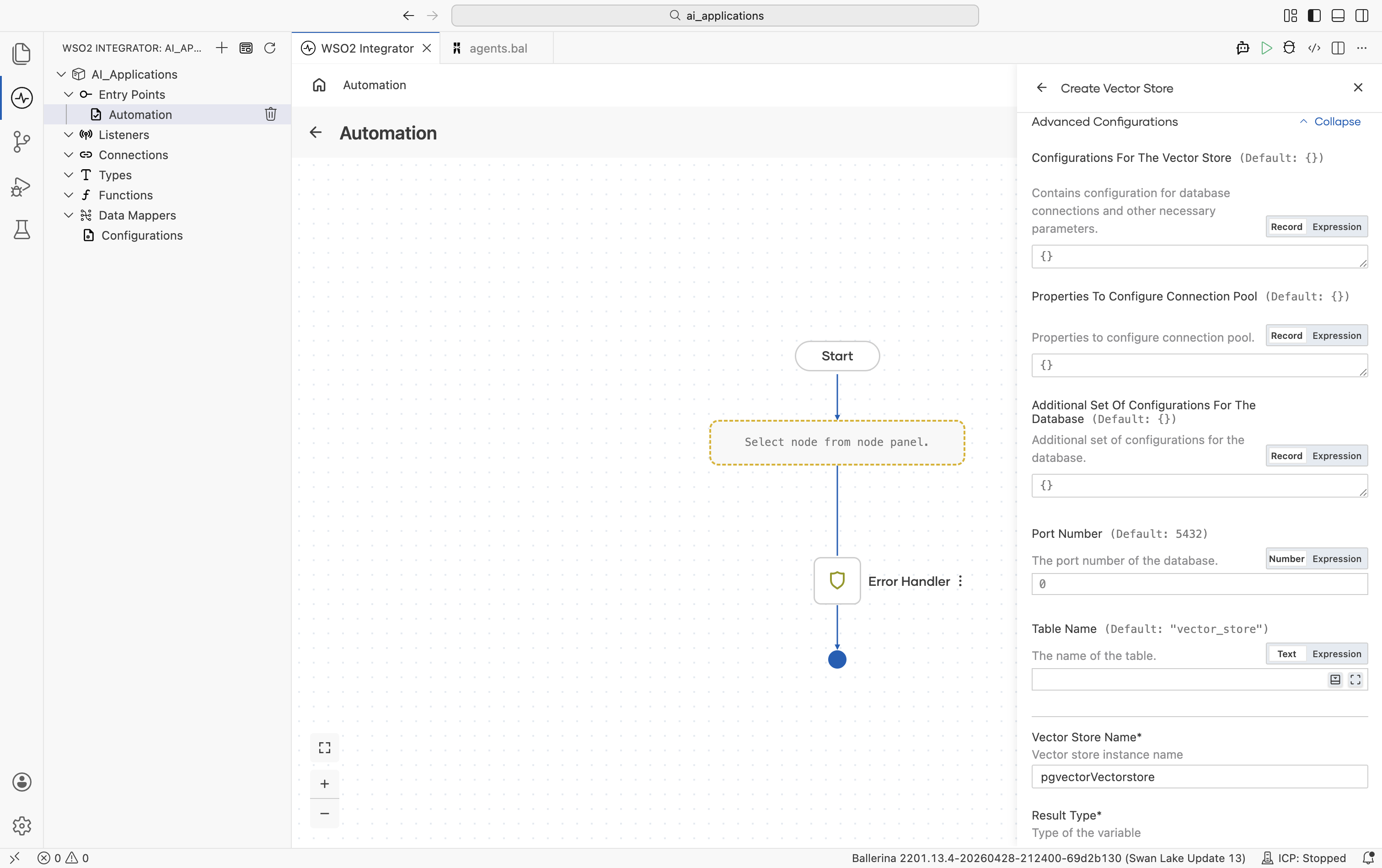 pgvector Vector Store Create form with Advanced Configurations expanded showing Configurations For The Vector Store (default ), Properties To Configure Connection Pool (default ), Additional Set Of Configurations For The Database (default ), Port Number (default 5432), Table Name (default 'vector_store').