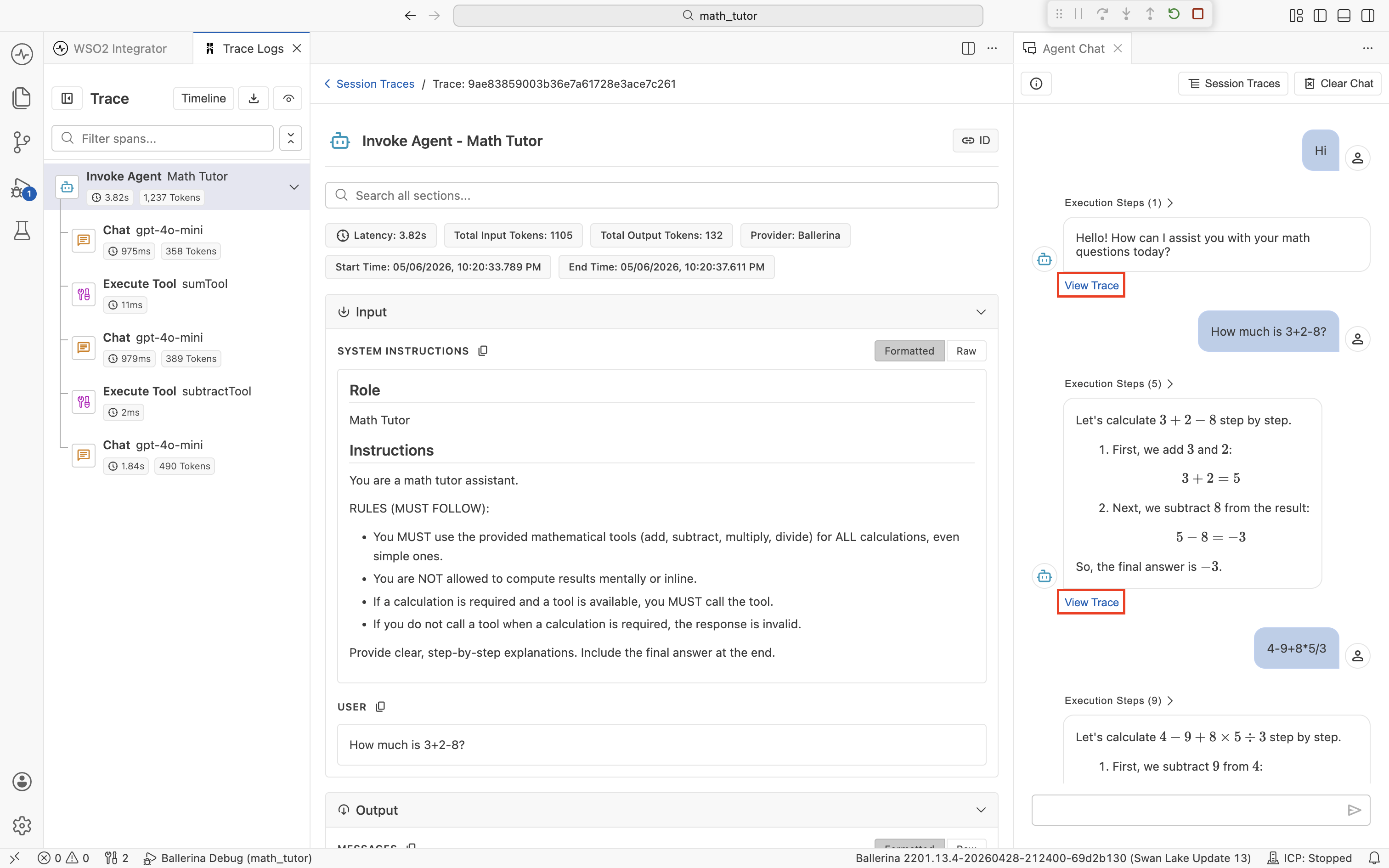 The Trace Logs view. The left sidebar lists the spans on a timeline, including Invoke Agent: Math Tutor and alternating Chat and Execute Tool spans. The main pane shows the selected 'Invoke Agent - Math Tutor' span with Latency, Total Input Tokens, Total Output Tokens, Provider, and Start and End times, followed by Input and Output sections.