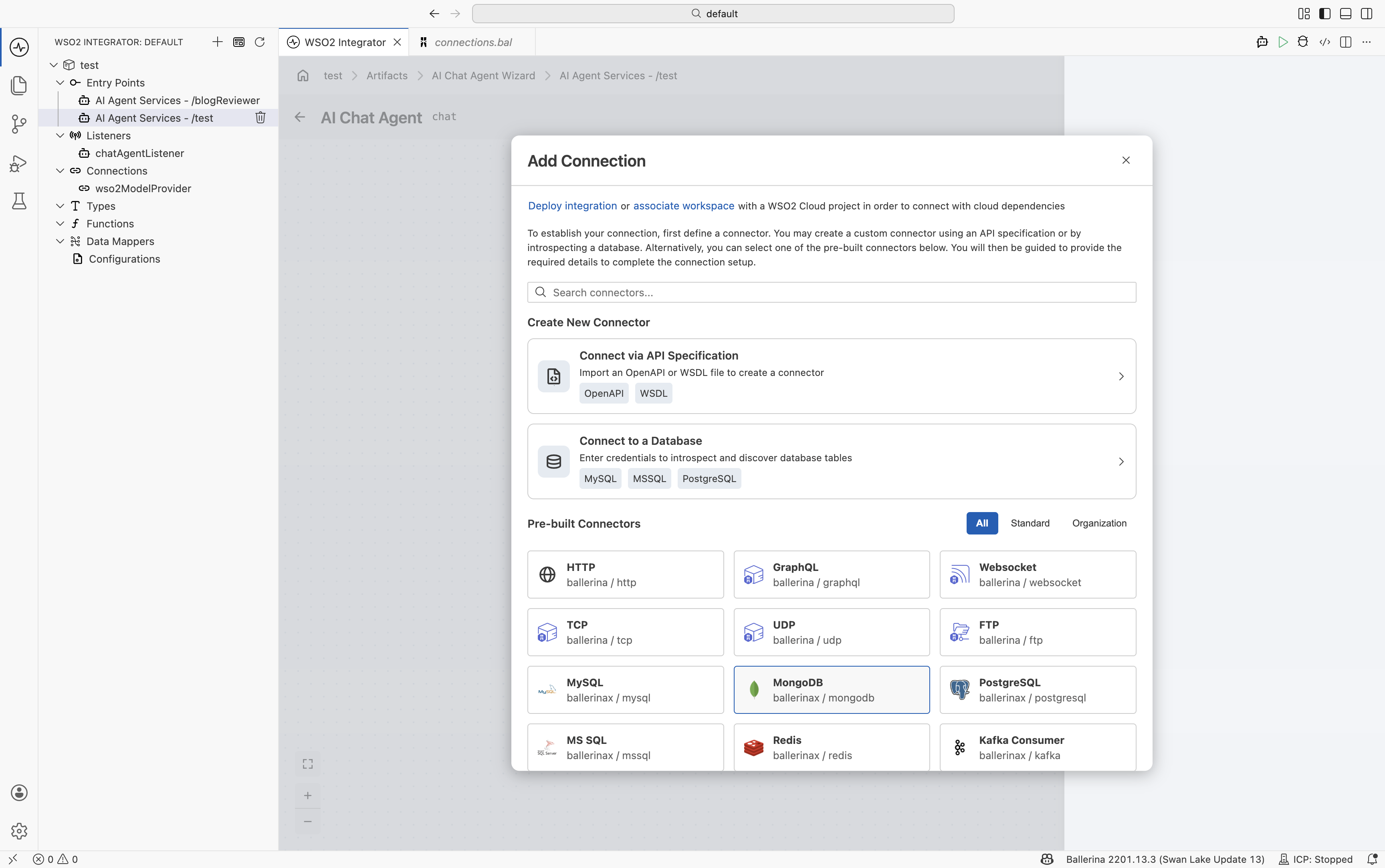The Add Connection dialog with options for creating a new connector or selecting a pre-built connector.