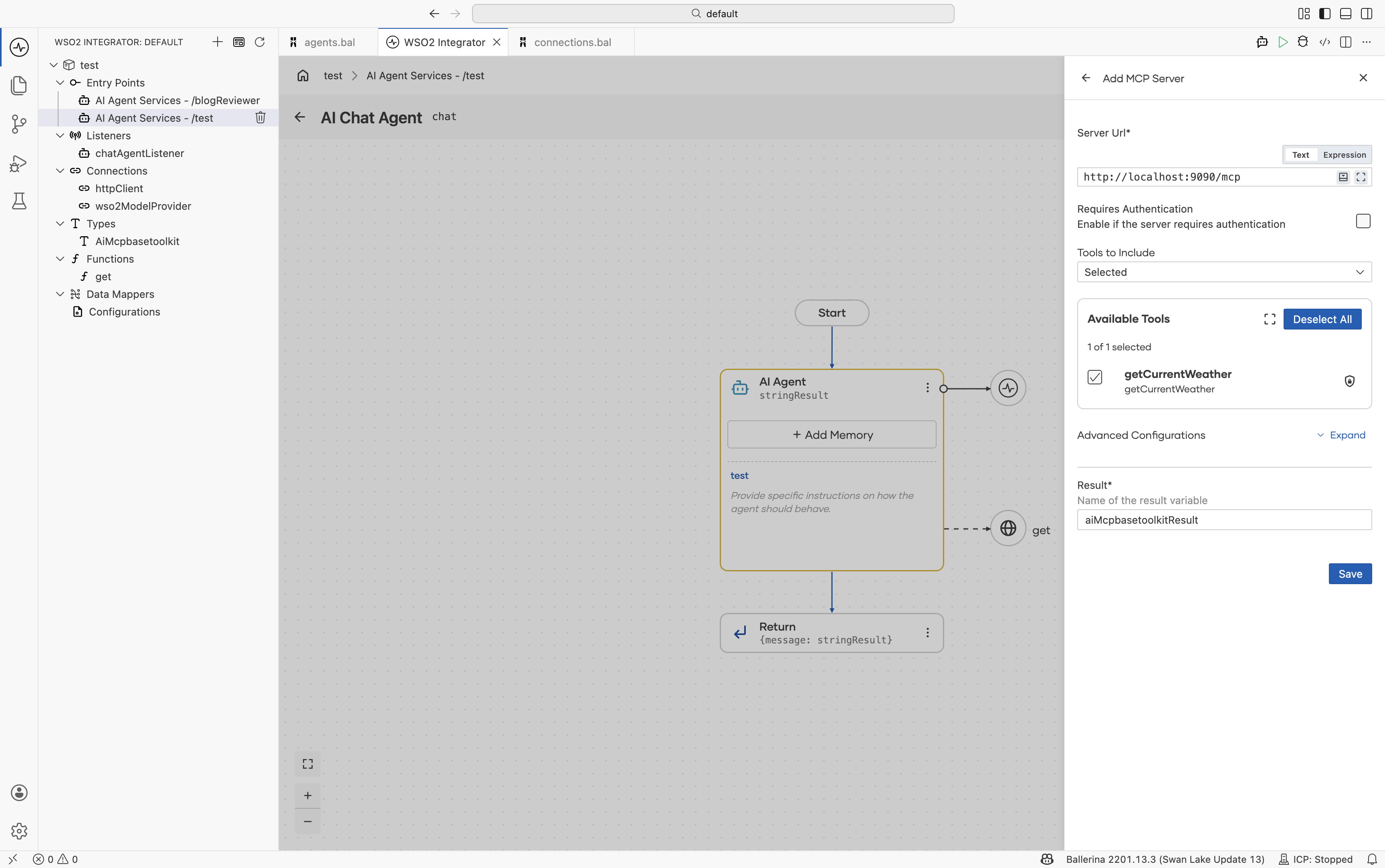 The Add MCP Server panel — Tools to Include set to All, then Advanced Configurations including Info (name, version), HTTP Version with a Select / Expression toggle, HTTP1 Settings, HTTP2 Settings, Timeout (default 30 seconds), Forwarded.
