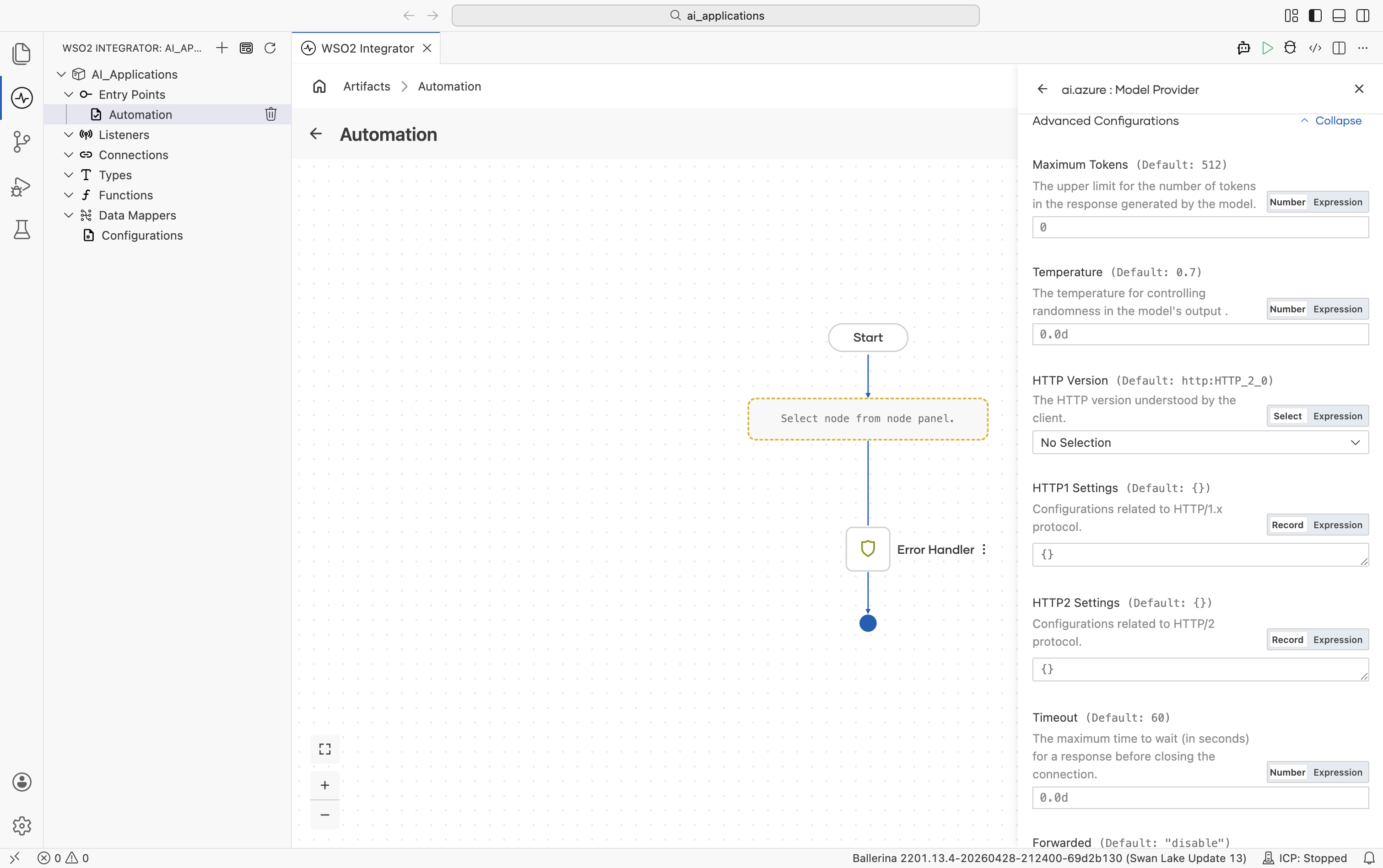 Azure OpenAI Create Model Provider form with Advanced Configurations expanded. Visible fields: Maximum Tokens (default 512), Temperature (default 0.7), HTTP Version.