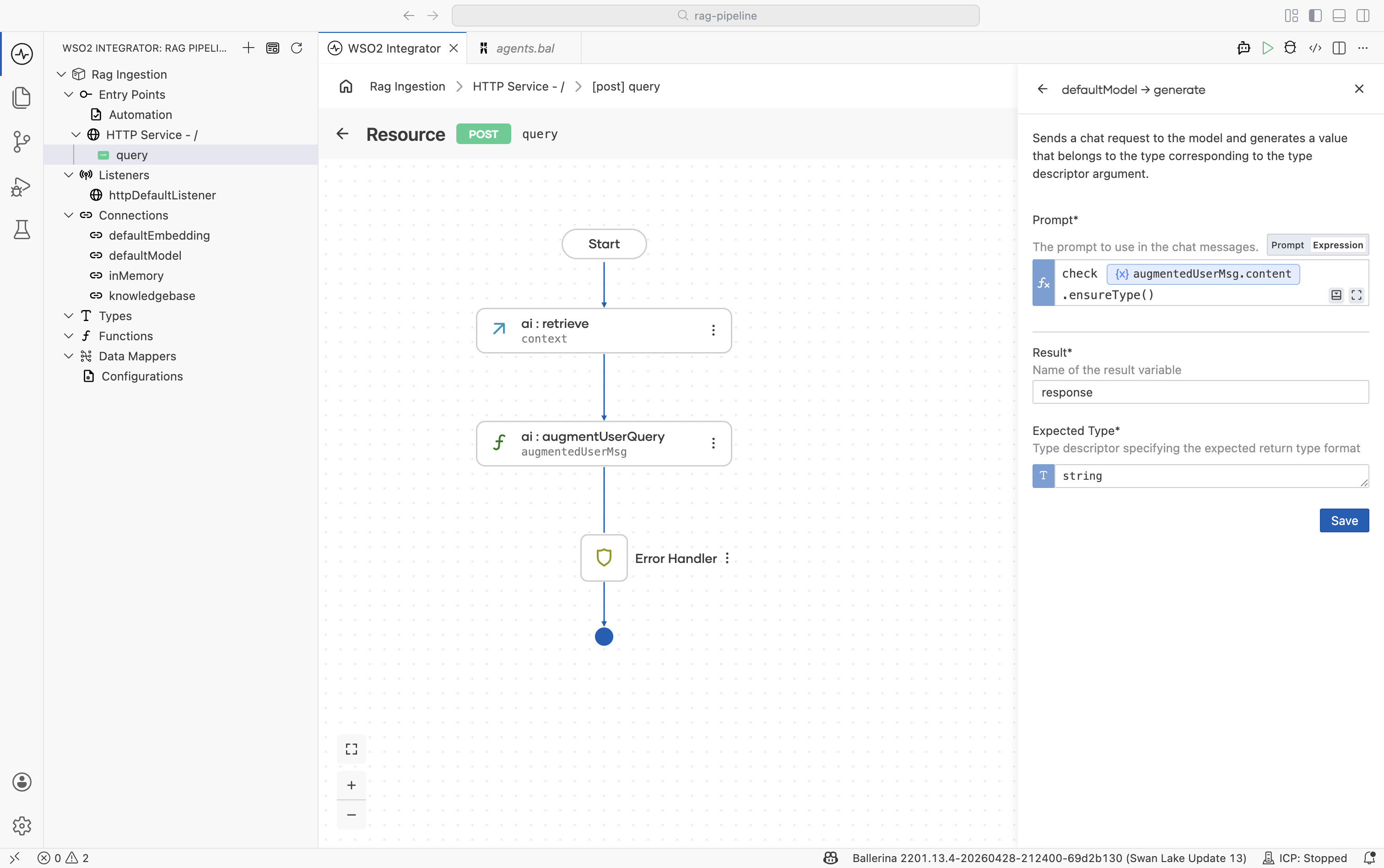 Generate action form showing Prompt, Expected type, and Result variable fields.