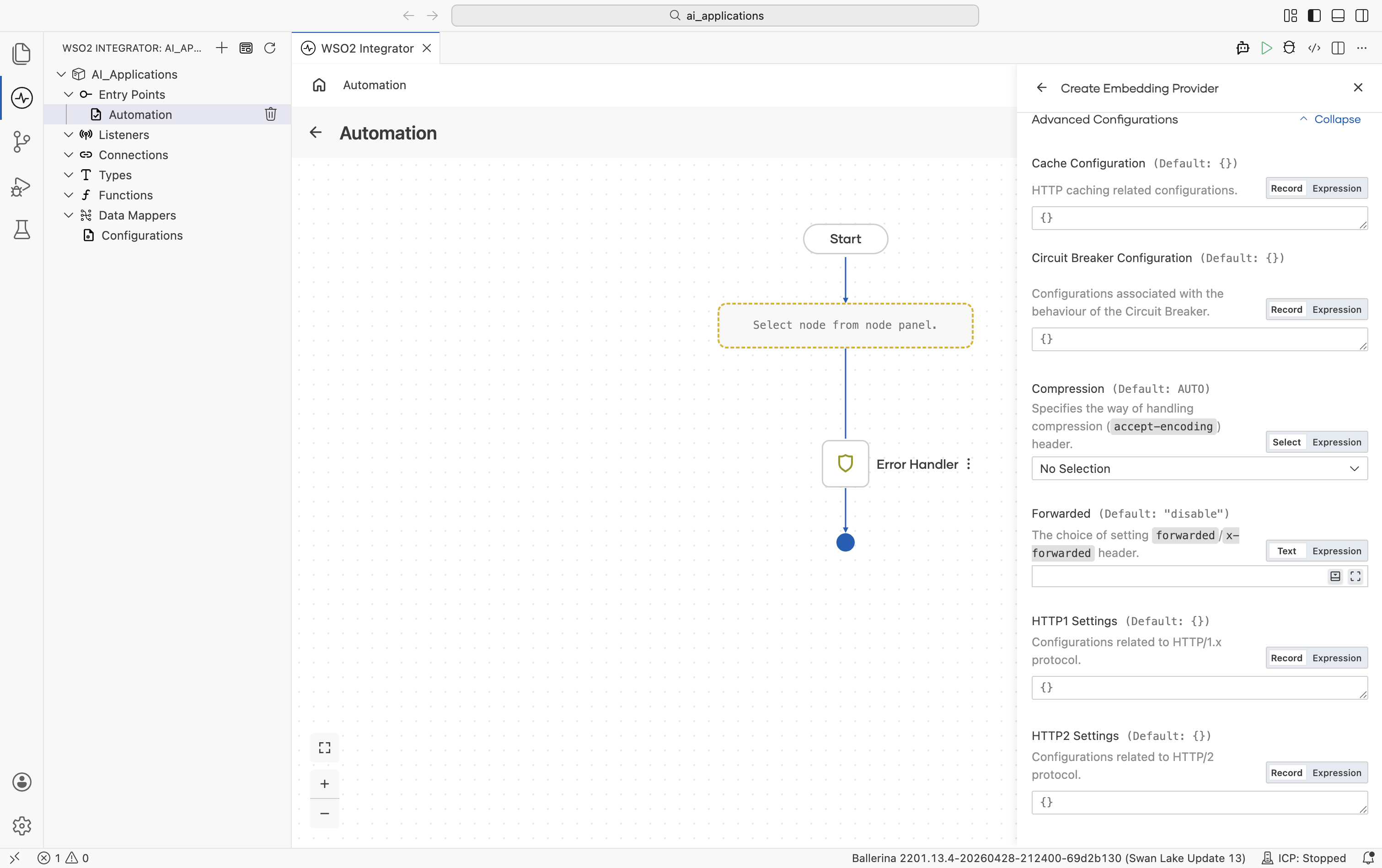 OpenAI Create Embedding Provider form with Advanced Configurations expanded showing Cache Configuration, Circuit Breaker Configuration, Compression (default AUTO), Forwarded (default 'disable'), HTTP1 Settings, HTTP2 Settings.