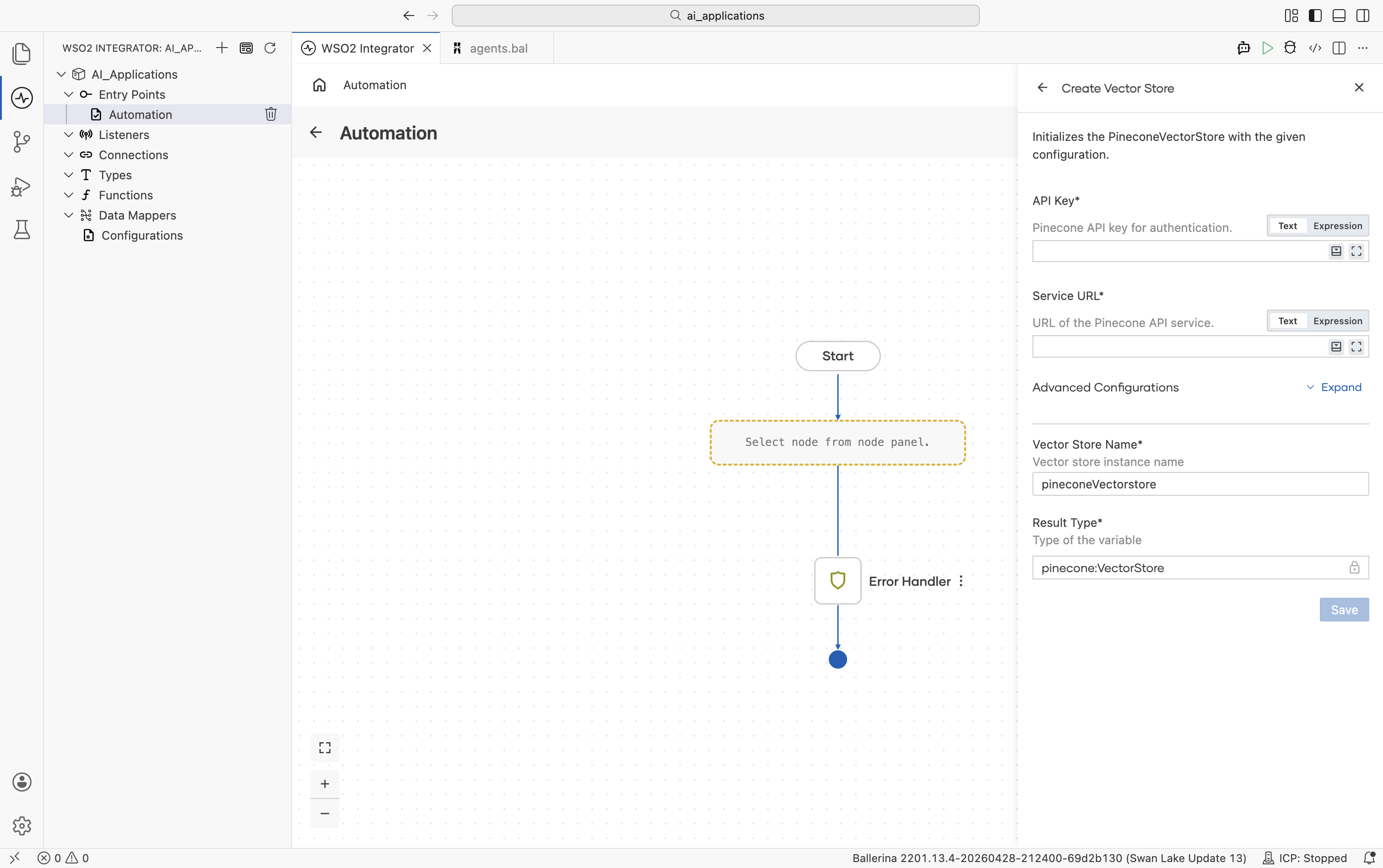 Create Vector Store form for Pinecone showing two required fields: API Key (Pinecone API key for authentication) and Service URL (URL of the Pinecone API service). Below: Advanced Configurations Expand link, Vector Store Name pineconeVectorstore, Result Type pinecone.