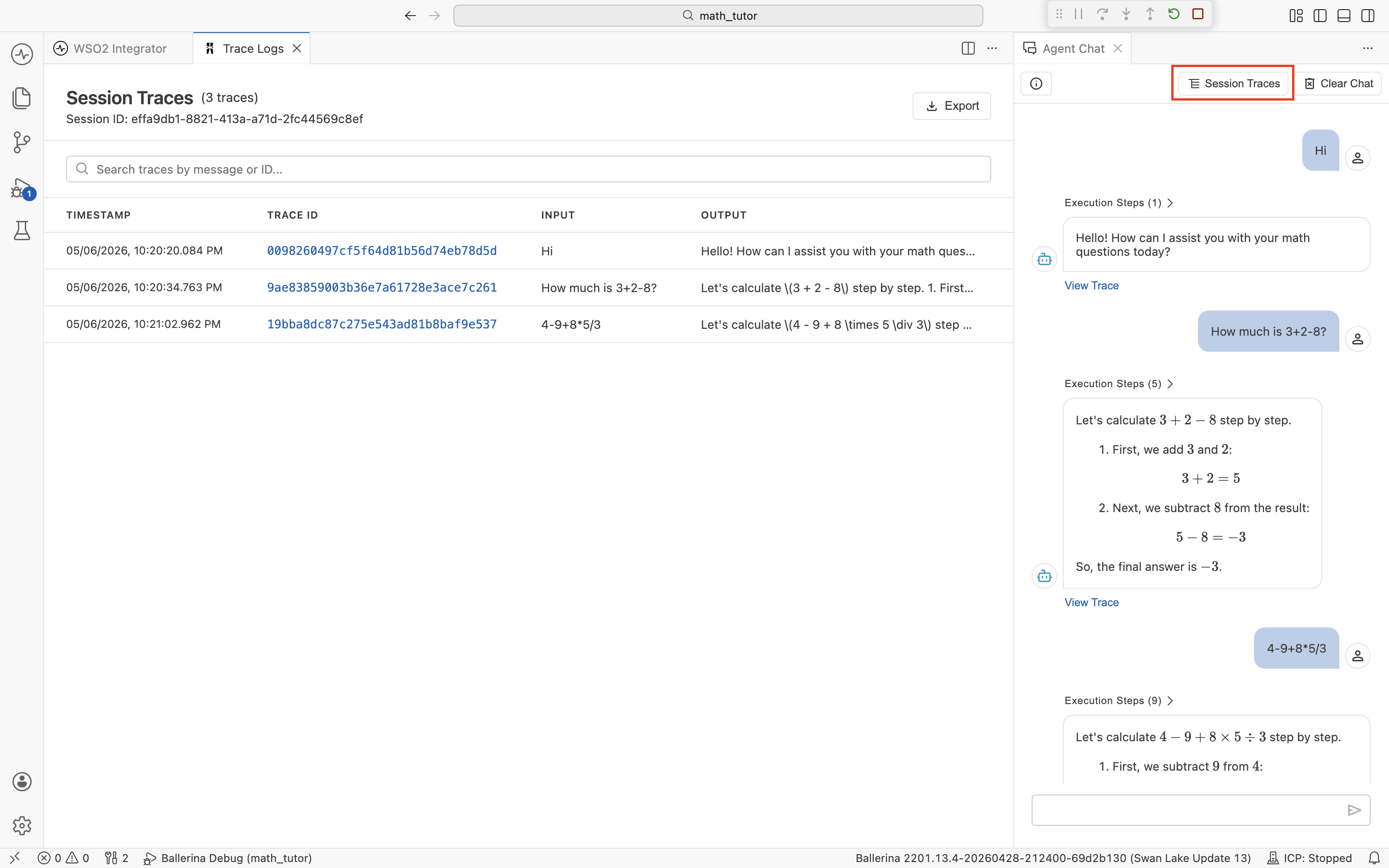 The Session Traces view showing '(3 traces)' for a session ID, with an Export button and a search bar. A table lists each trace's Timestamp, Trace ID, Input, and Output.