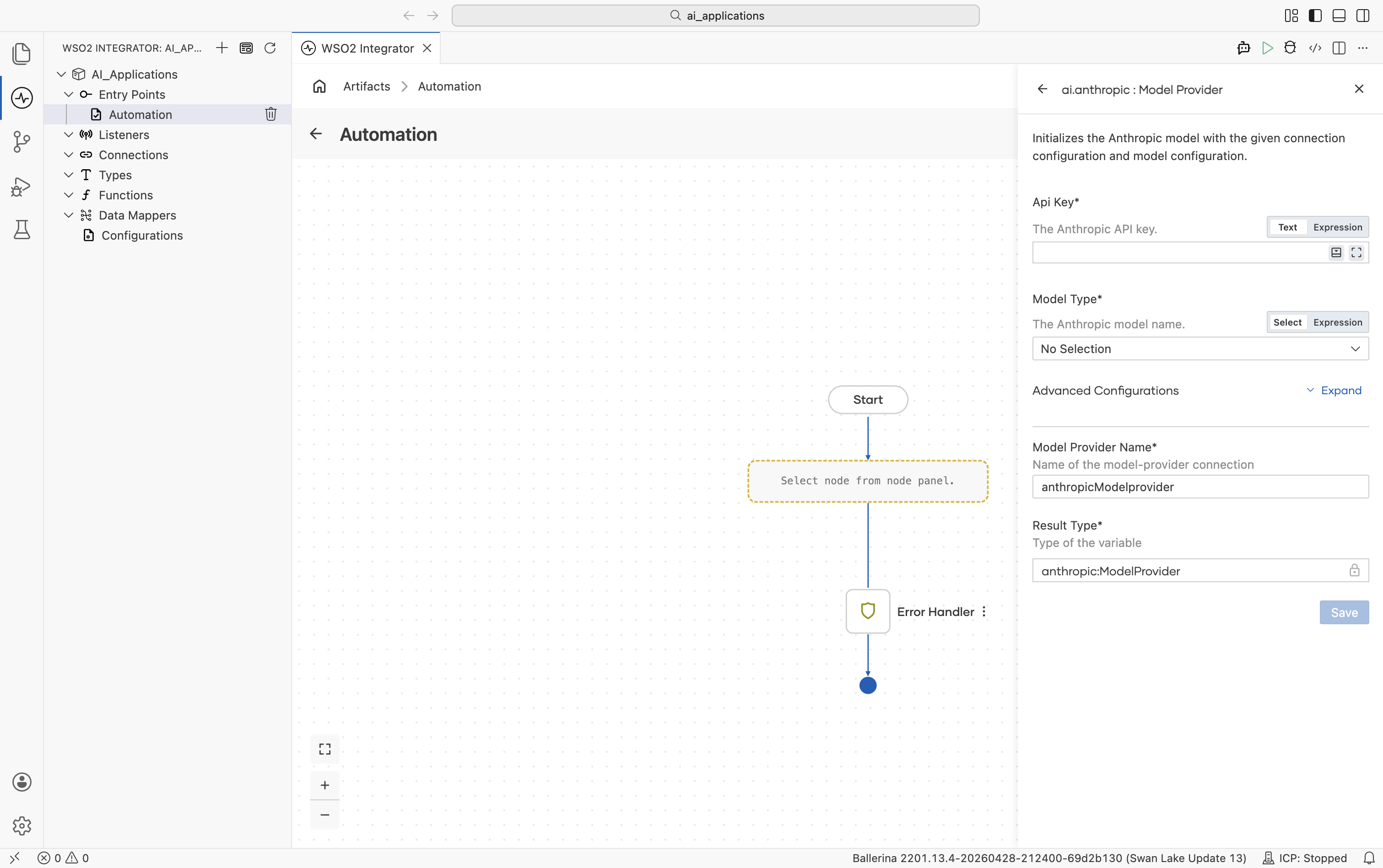 Create Model Provider form for Anthropic showing two required fields: API Key and Model Type. Below: Advanced Configurations Expand link, Model Provider Name anthropicModelprovider, Result Type anthropic.