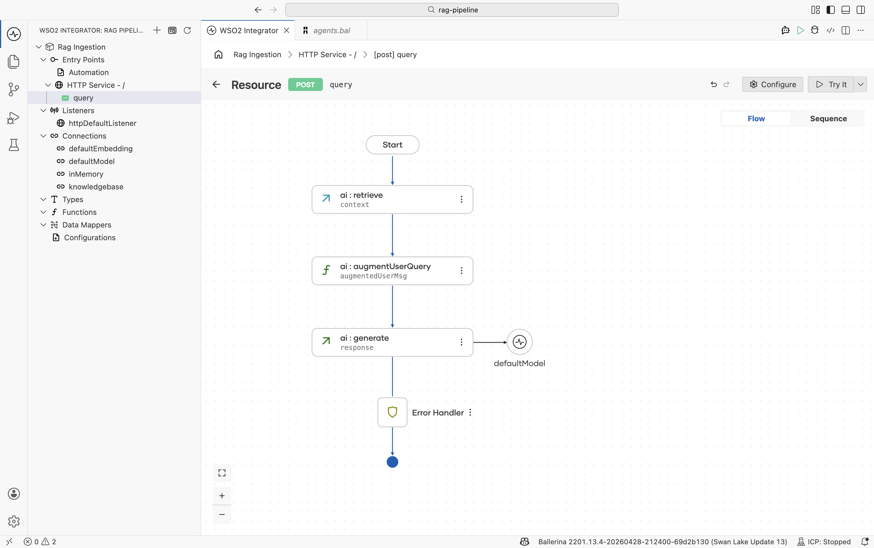 Flow editor showing the Generate node added after the model provider node.