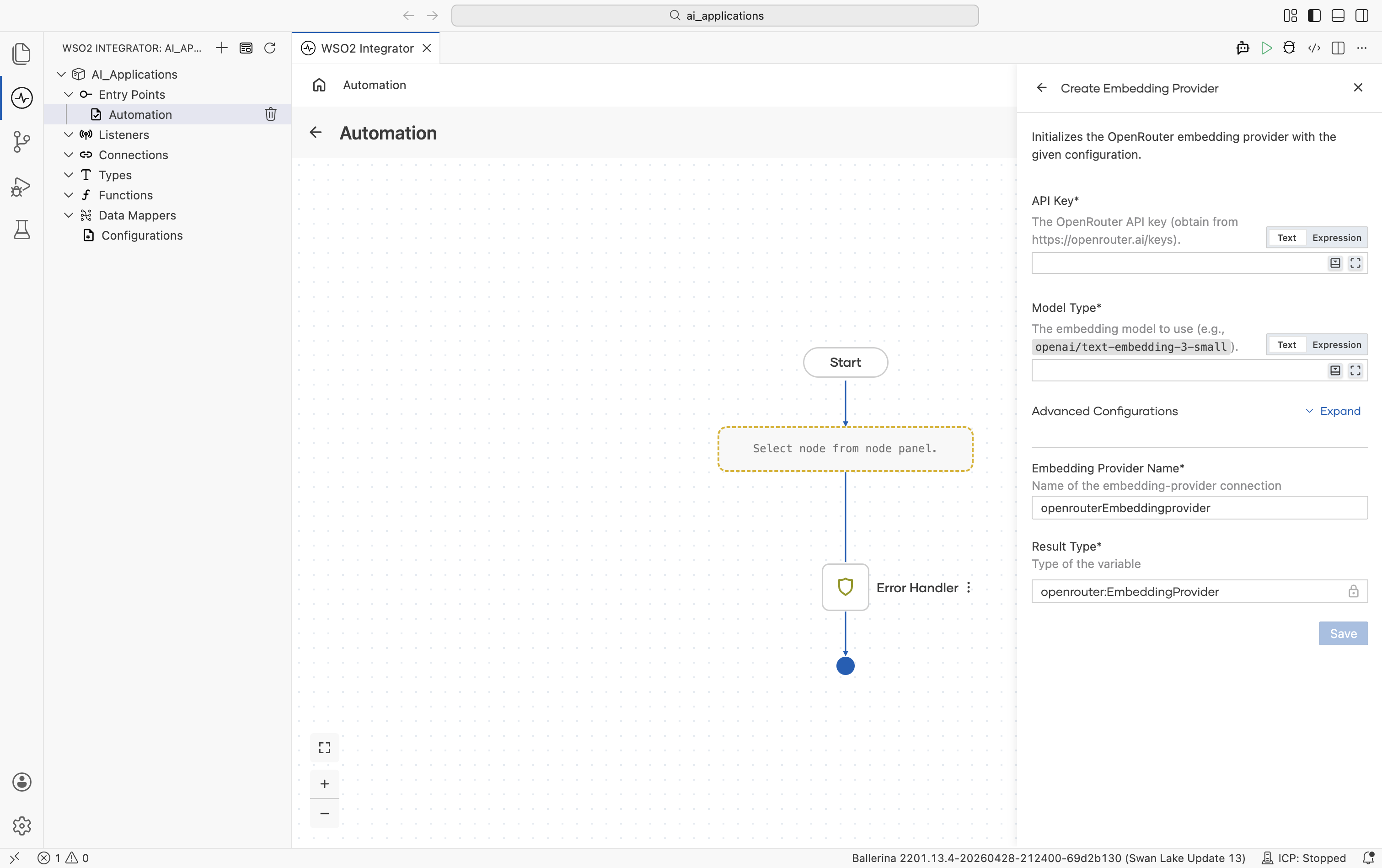 Create Embedding Provider form for OpenRouter showing two required fields: API Key (with link to https://openrouter.ai/keys) and Model Type (with example value 'openai/text-embedding-3-small'). Below: Advanced Configurations Expand link, Embedding Provider Name openrouterEmbeddingprovider, Result Type openrouter.