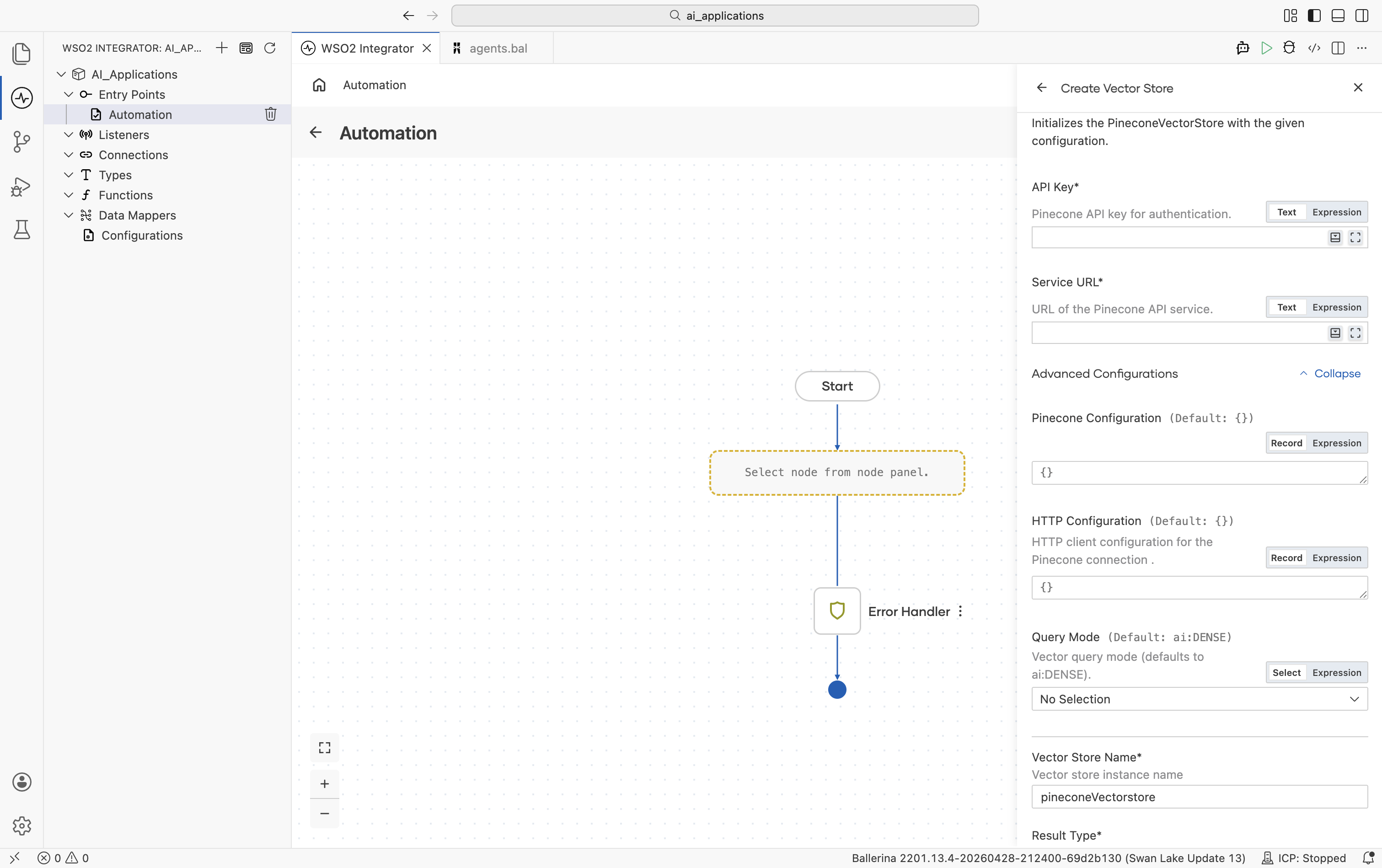 Pinecone Vector Store Create form with Advanced Configurations expanded showing Pinecone Configuration (default ), HTTP Configuration (default ), Query Mode (default ai).
