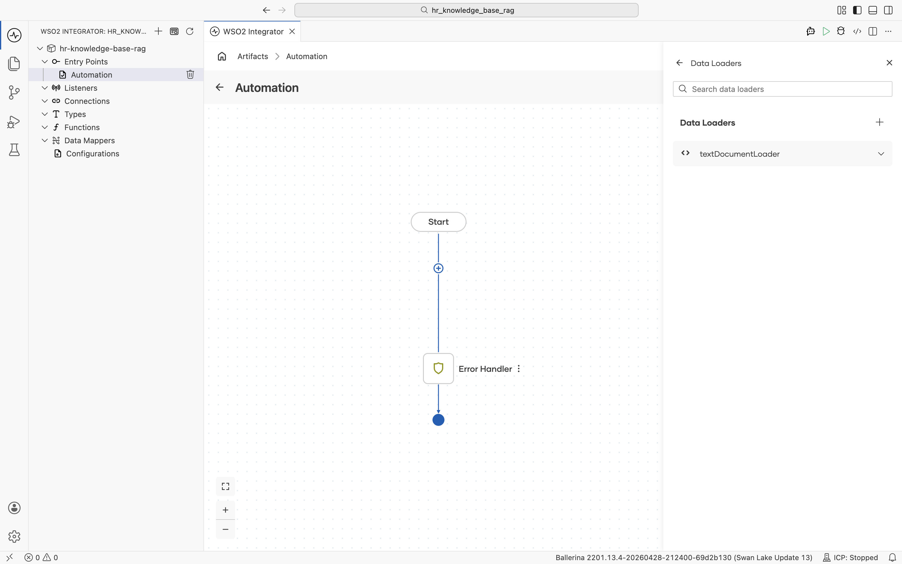 Data Loaders panel with textDocumentLoader