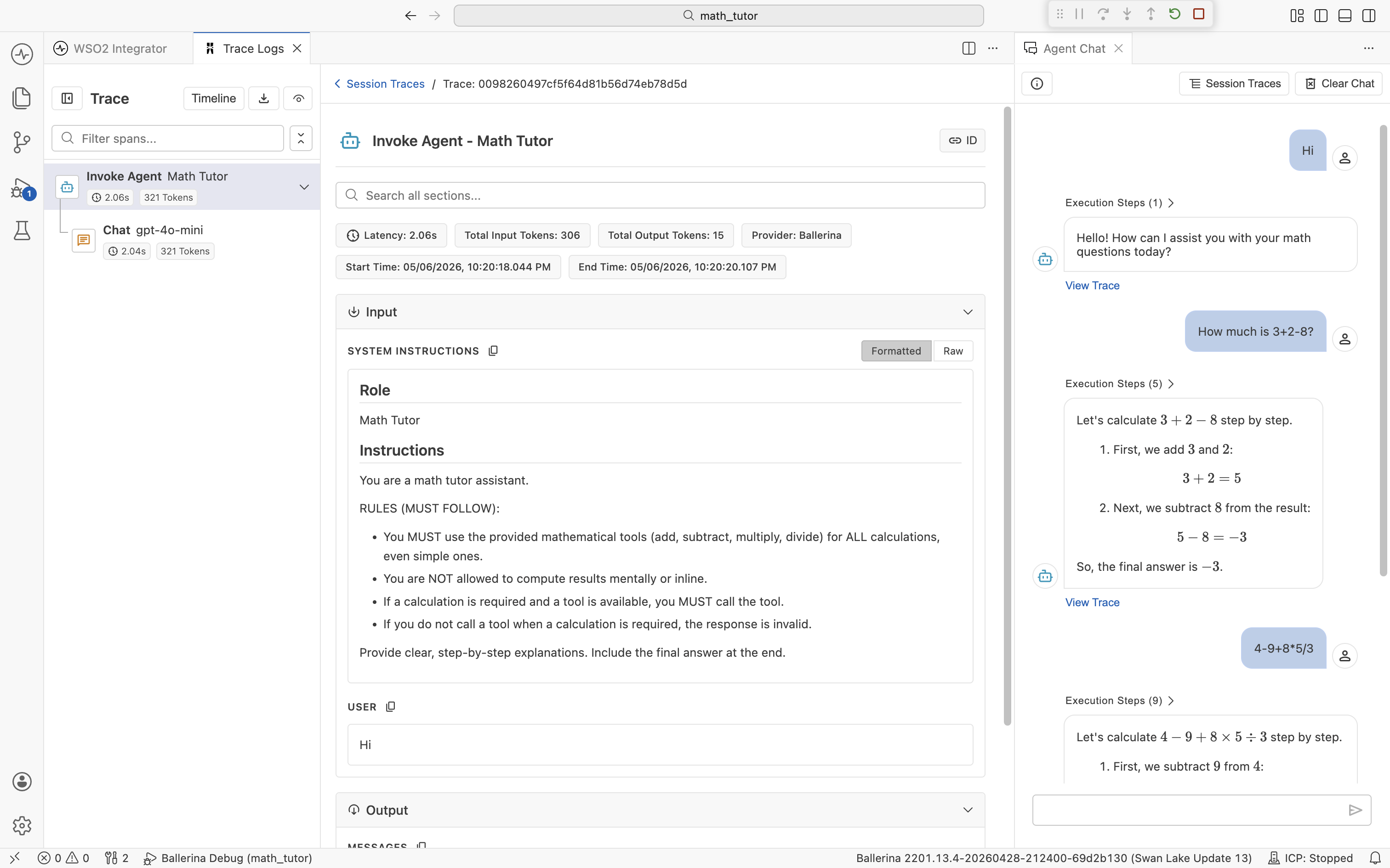 The Input section of an Invoke Agent span. SYSTEM INSTRUCTIONS shows Role 'Math Tutor' and the full Instructions text. Below it, a USER subsection shows the user's message 'Hi'.