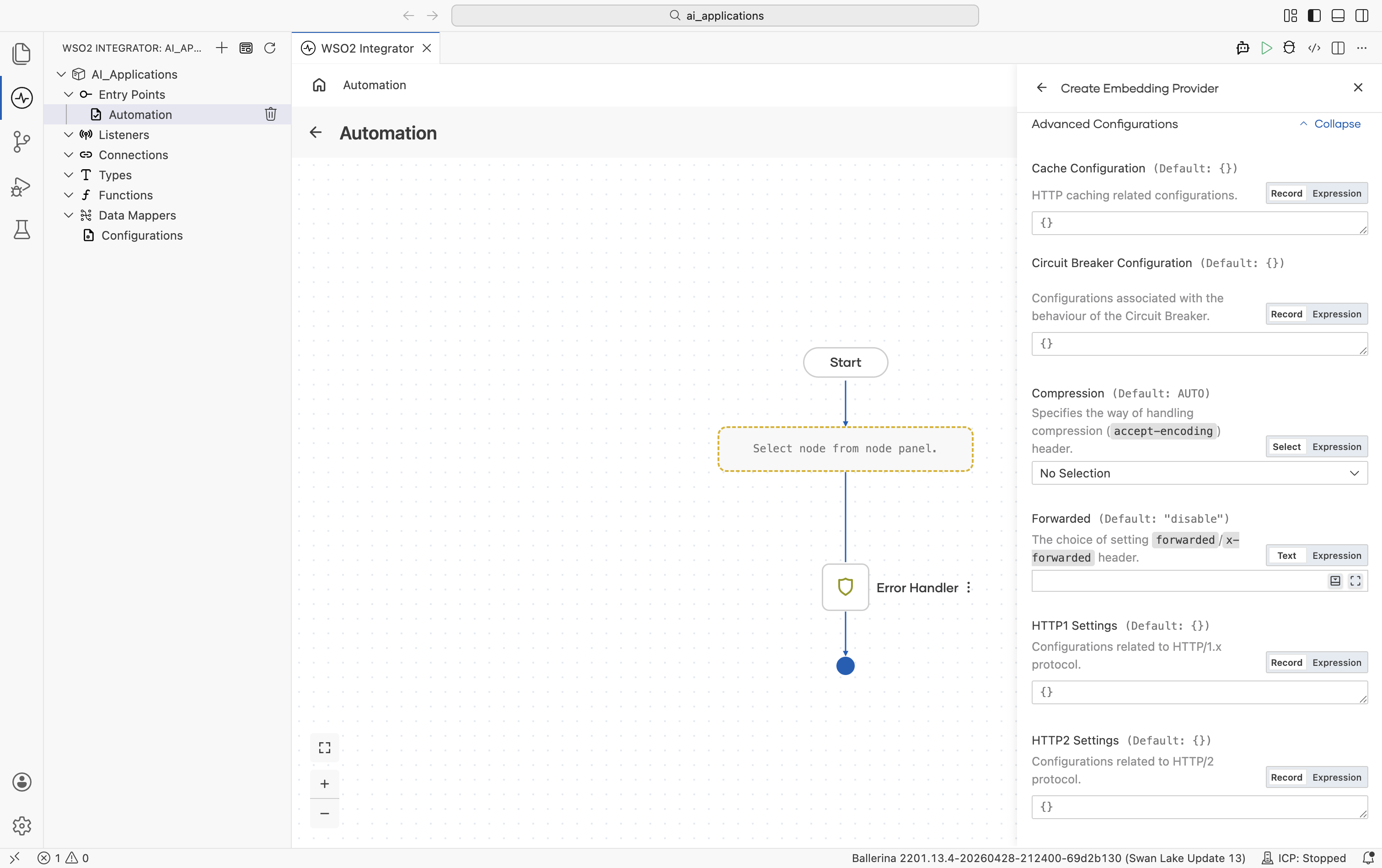 OpenRouter Create Embedding Provider form with Advanced Configurations expanded showing Cache Configuration, Circuit Breaker Configuration, Compression AUTO, Forwarded 'disable', HTTP1 Settings, HTTP2 Settings.