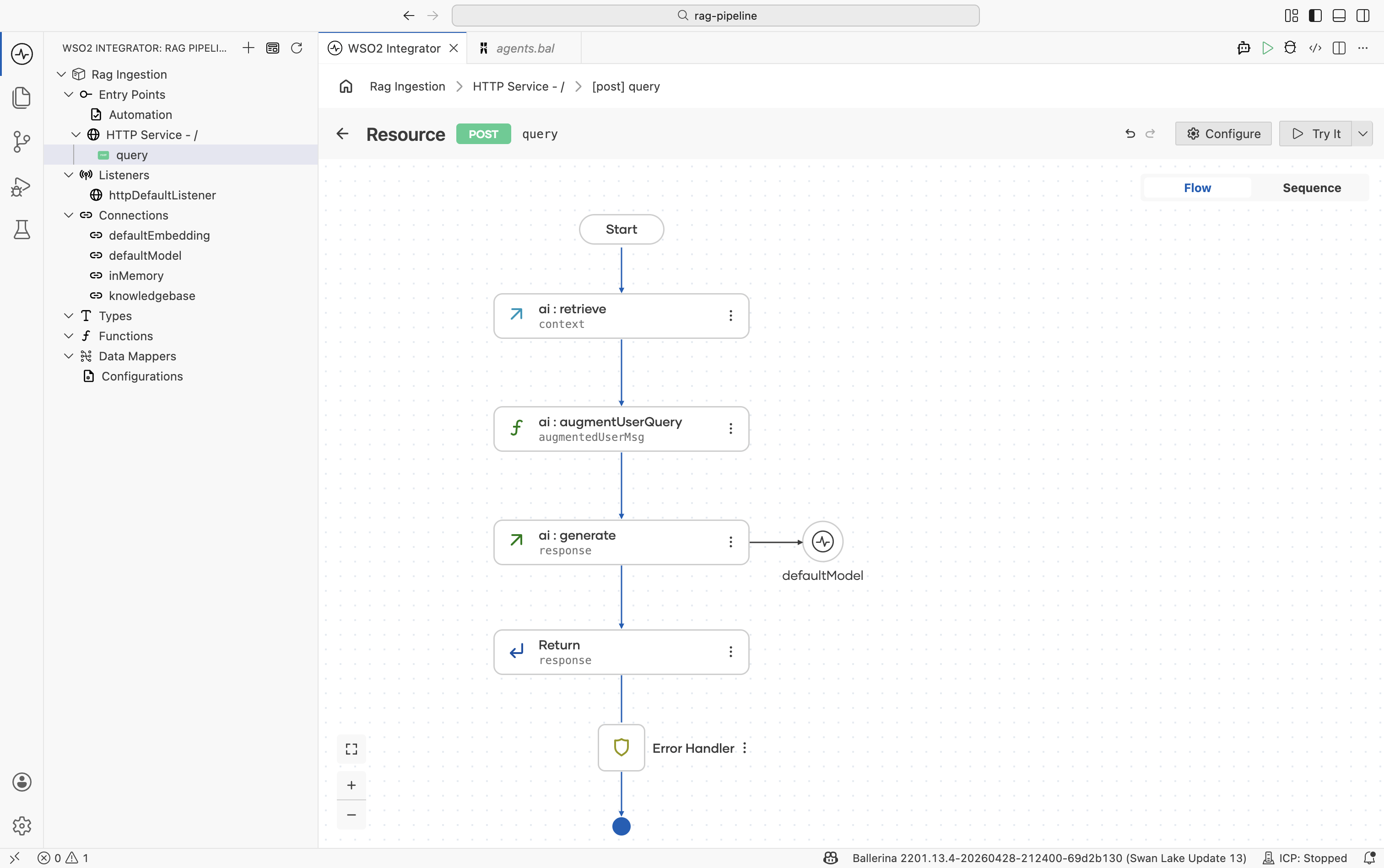 Complete RAG query integration with HTTP service, Retrieve, Augment User Query, Generate, and Return nodes.