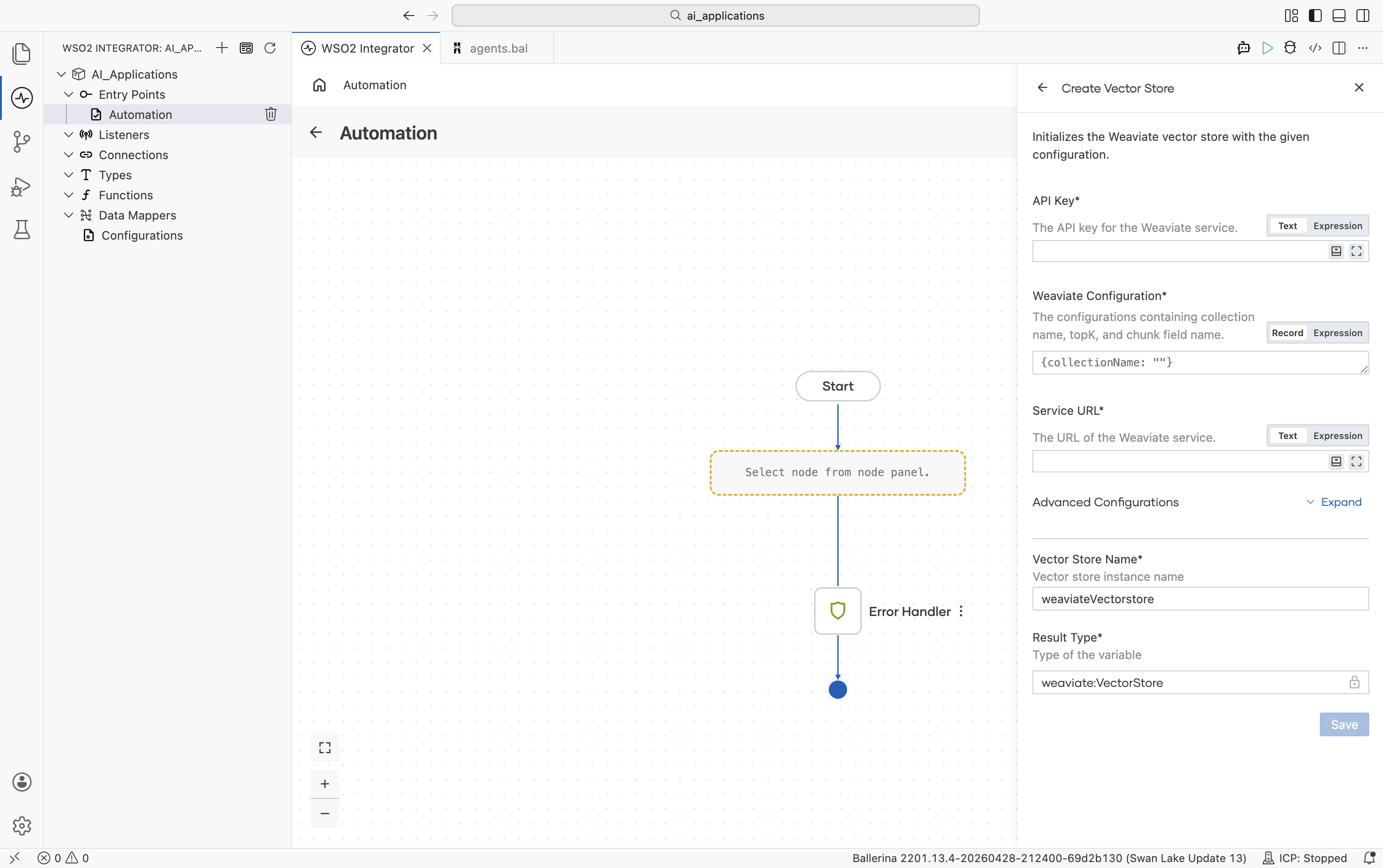 Create Vector Store form for Weaviate showing three required fields: API Key (The API key for the Weaviate service), Weaviate Configuration (record/expression toggle, default '{collectionName: ""}'), and Service URL. Below: Advanced Configurations Expand link, Vector Store Name weaviateVectorstore, Result Type weaviate.