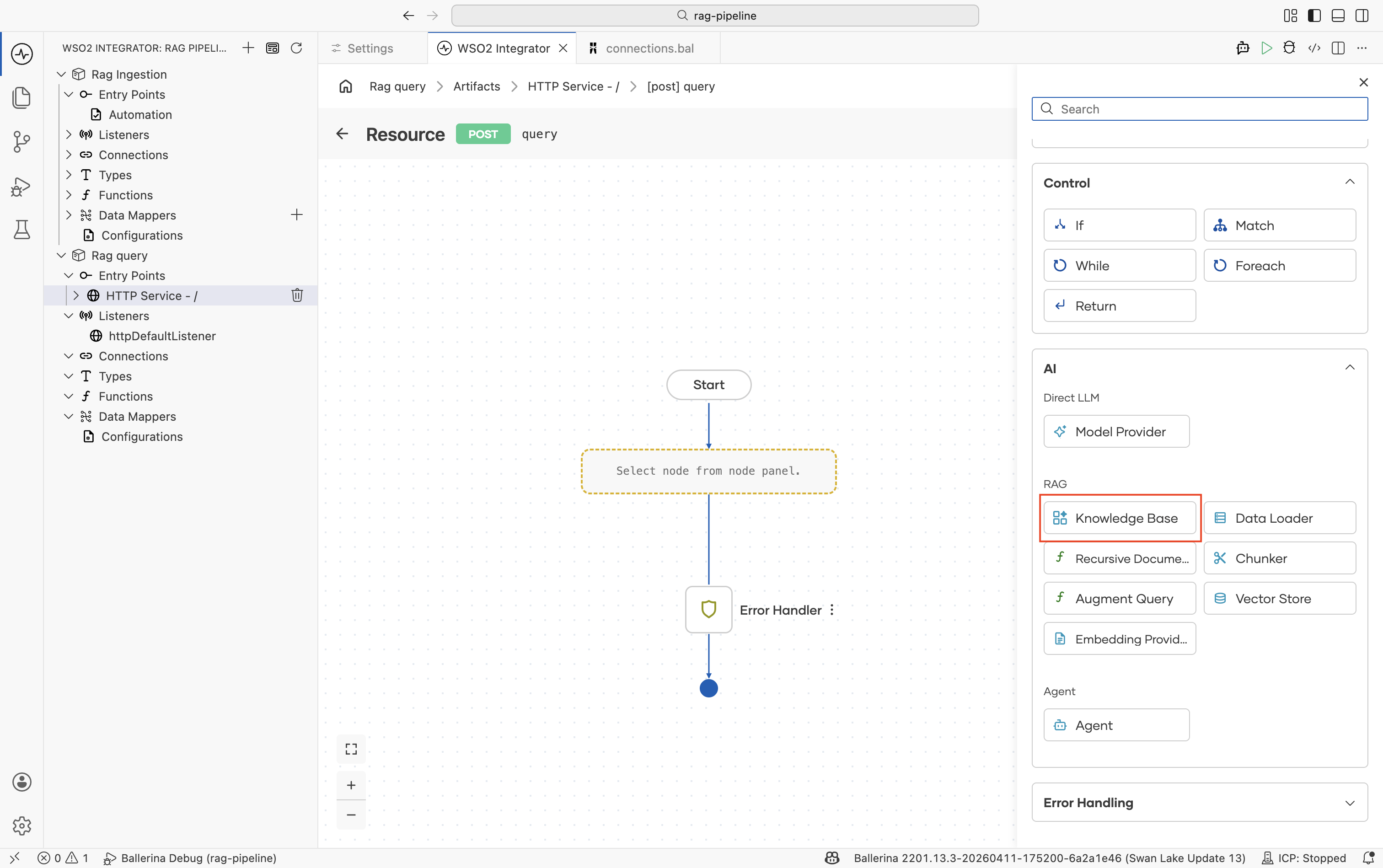 Add Node panel showing AI > RAG > Knowledge Base with Retrieve action selected.