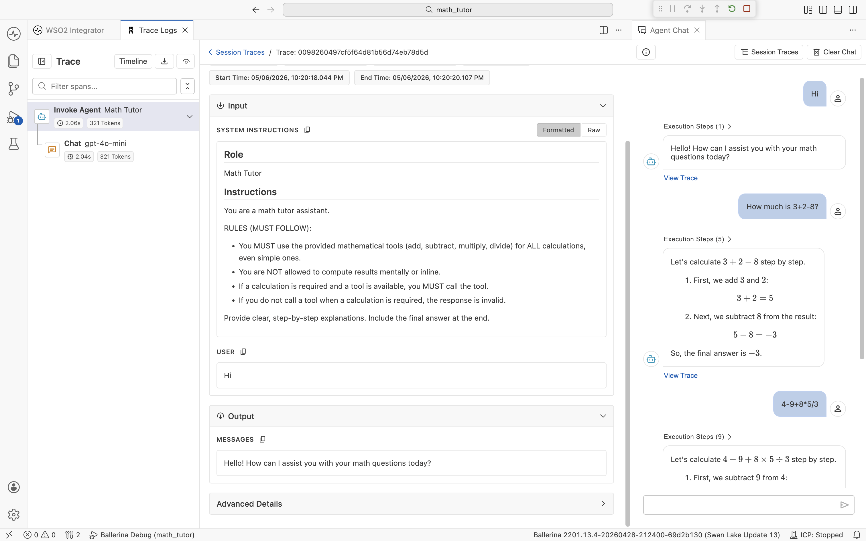 The Output section of an Invoke Agent span expanded. MESSAGES shows the agent's reply 'Hello! How can I assist you with your math questions today?'. An 'Advanced Details' section is collapsed below it.