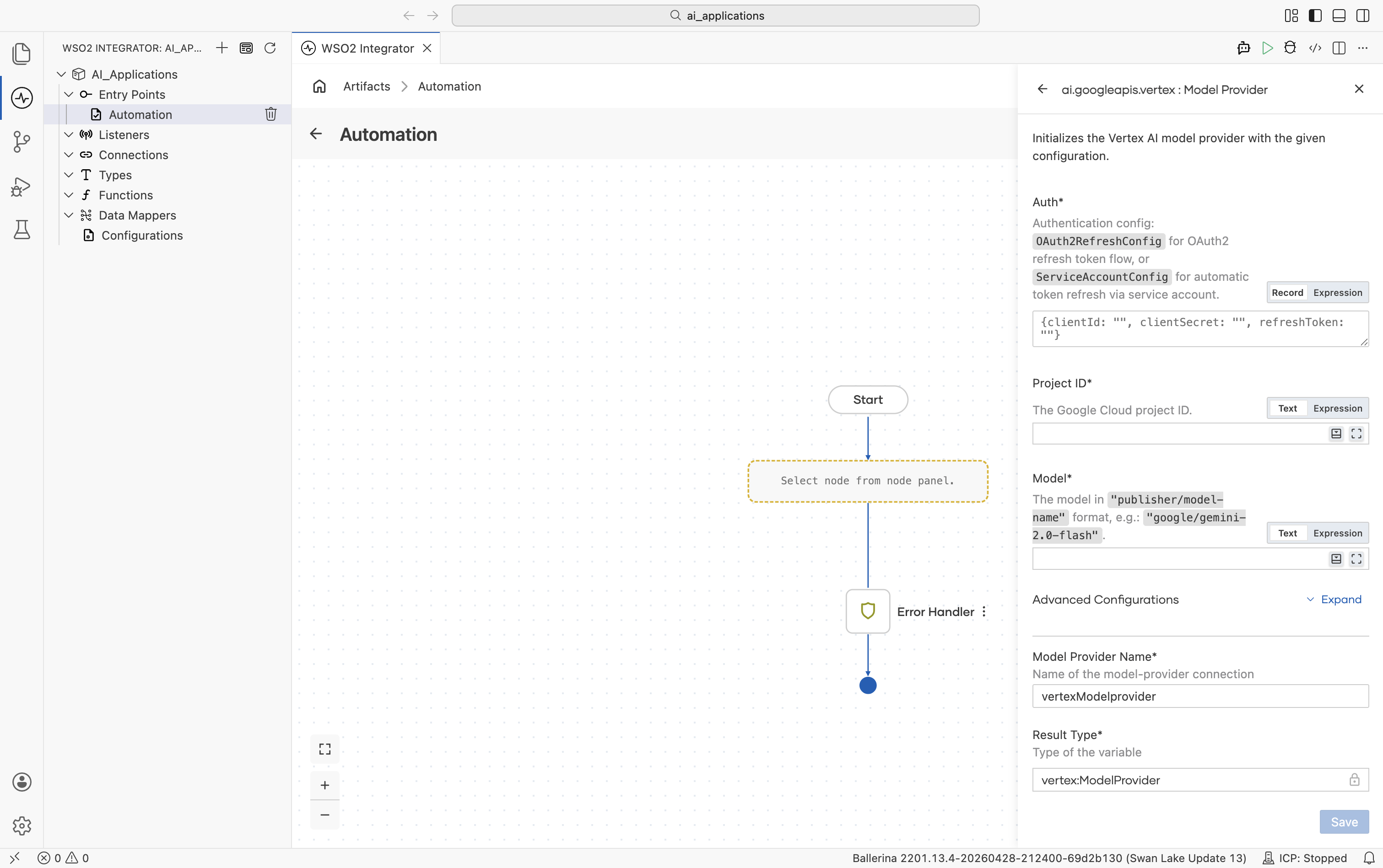 Create Model Provider form for Google Vertex showing three required fields: Auth (record/expression toggle, with hint 'OAuth2RefreshConfig for OAuth2 refresh token flow, or ServiceAccountConfig for automatic token refresh via service account'), Project ID, Model (with hint 'The model in publisher/model-name format, e.g., google/gemini-2.0-flash'). Below: Advanced Configurations Expand link, Model Provider Name vertexModelprovider, Result Type vertex.