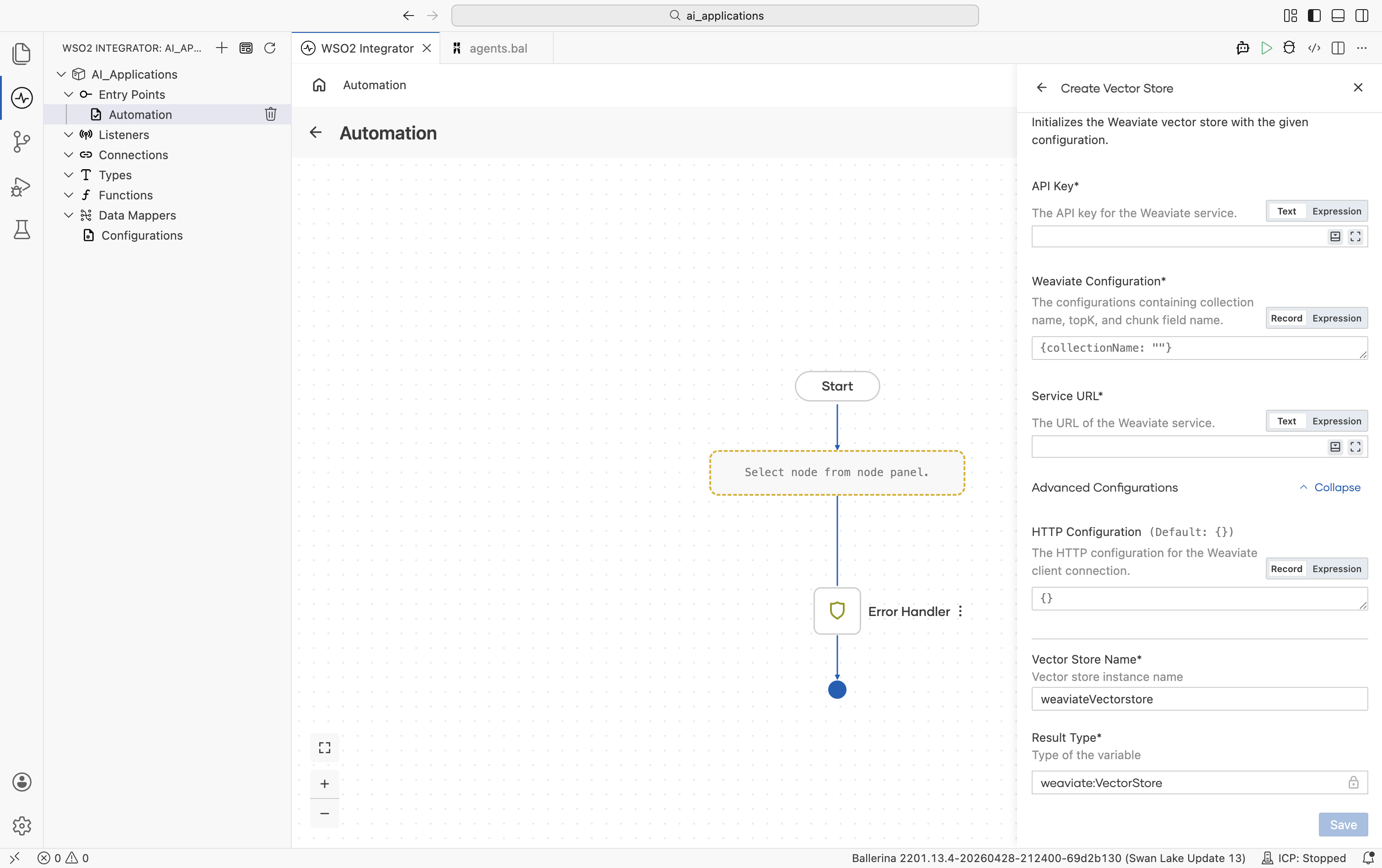 Weaviate Vector Store Create form with Advanced Configurations expanded showing HTTP Configuration (default ).
