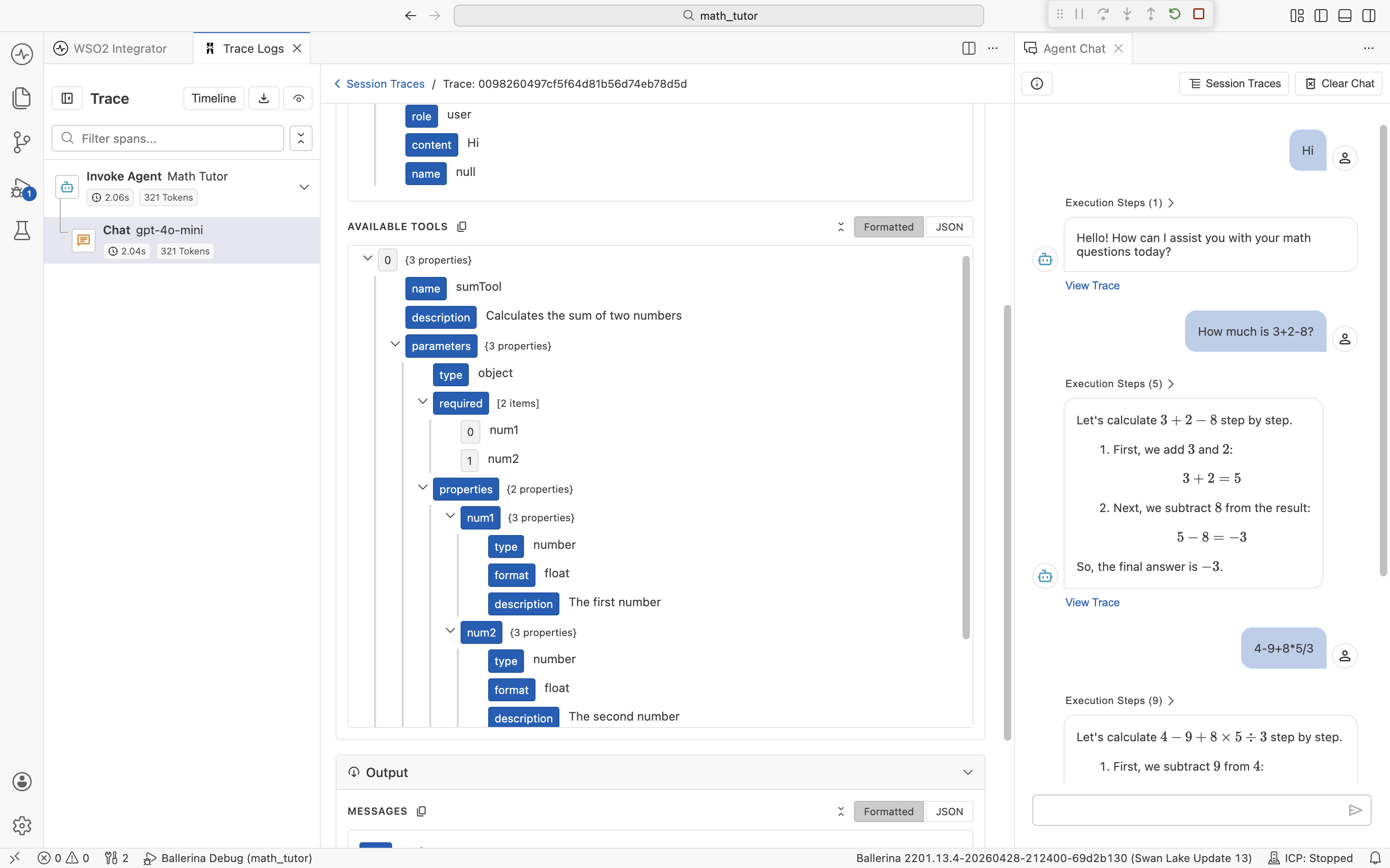 The AVAILABLE TOOLS section in Formatted view. The first tool is expanded as a tree showing name 'sumTool', description 'Calculates the sum of two numbers', and a parameters tree with required fields and properties.