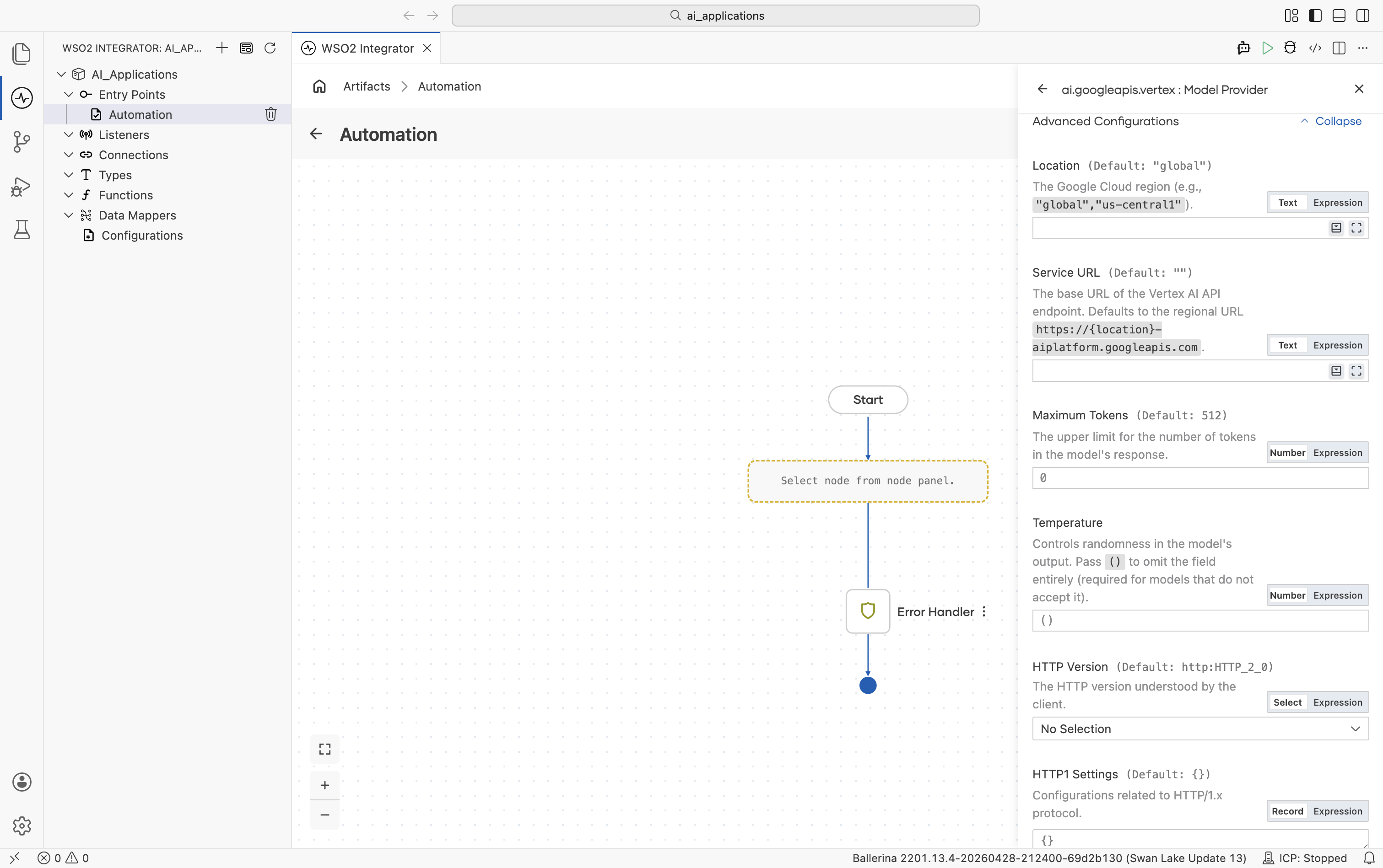 Google Vertex Create Model Provider form with Advanced Configurations expanded showing Location (default 'global'), Service URL (default 'https://{location}-aiplatform.googleapis.com').
