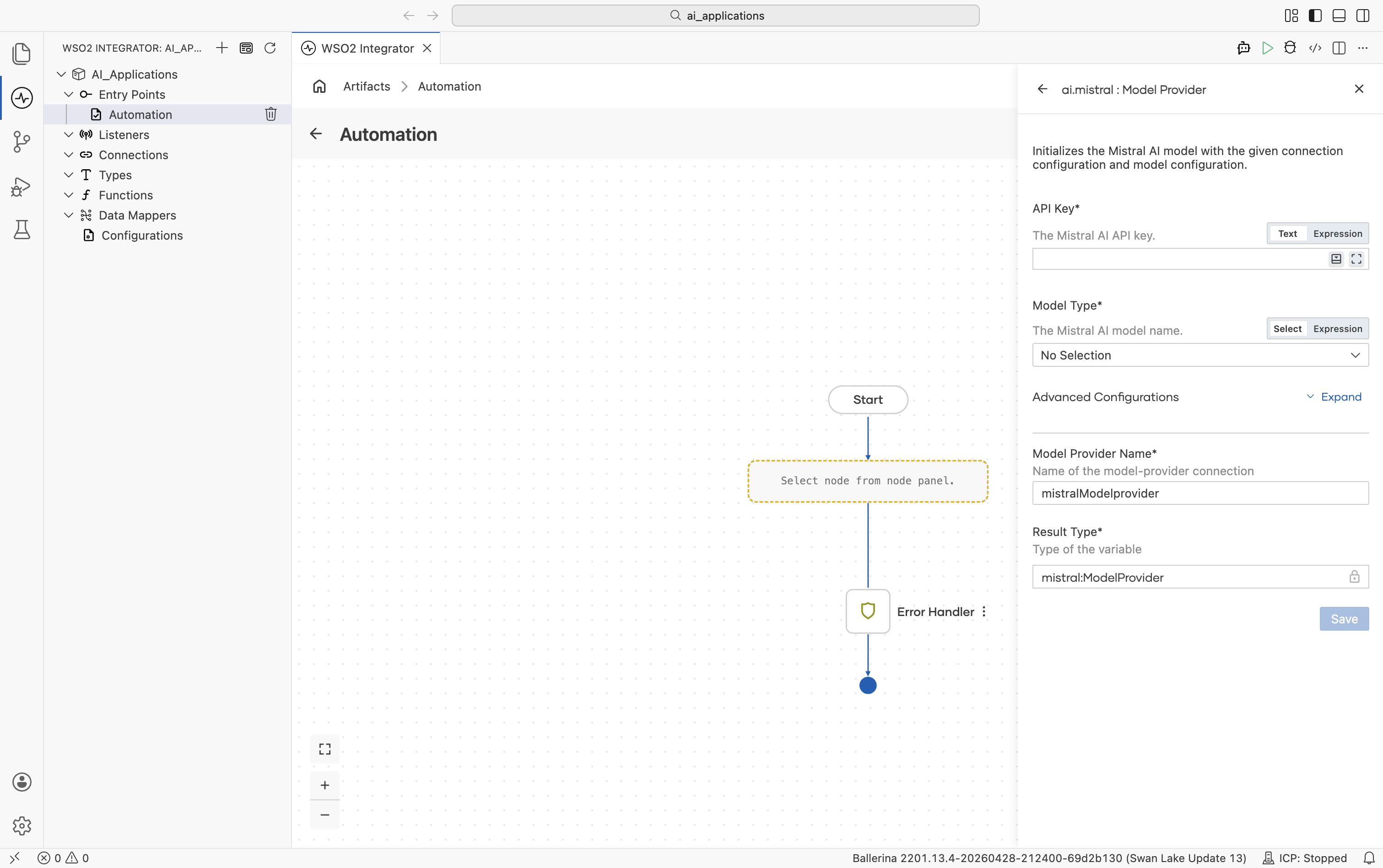 Create Model Provider form for Mistral showing two required fields: API Key and Model Type. Below: Advanced Configurations Expand link, Model Provider Name mistralModelprovider, Result Type mistral.