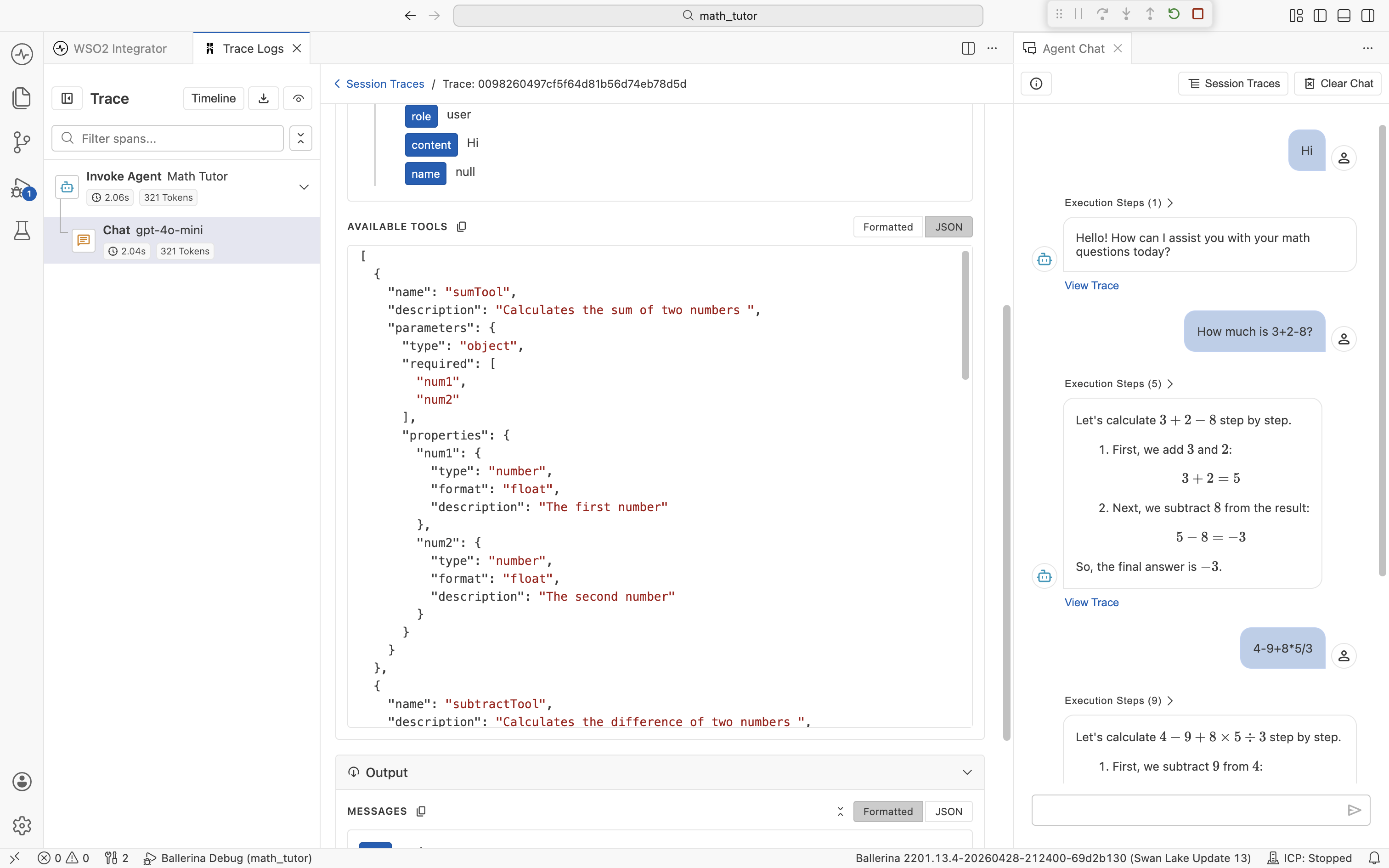 The same AVAILABLE TOOLS section in JSON view, showing the raw JSON array of tool definitions with name, description, and parameters fields.