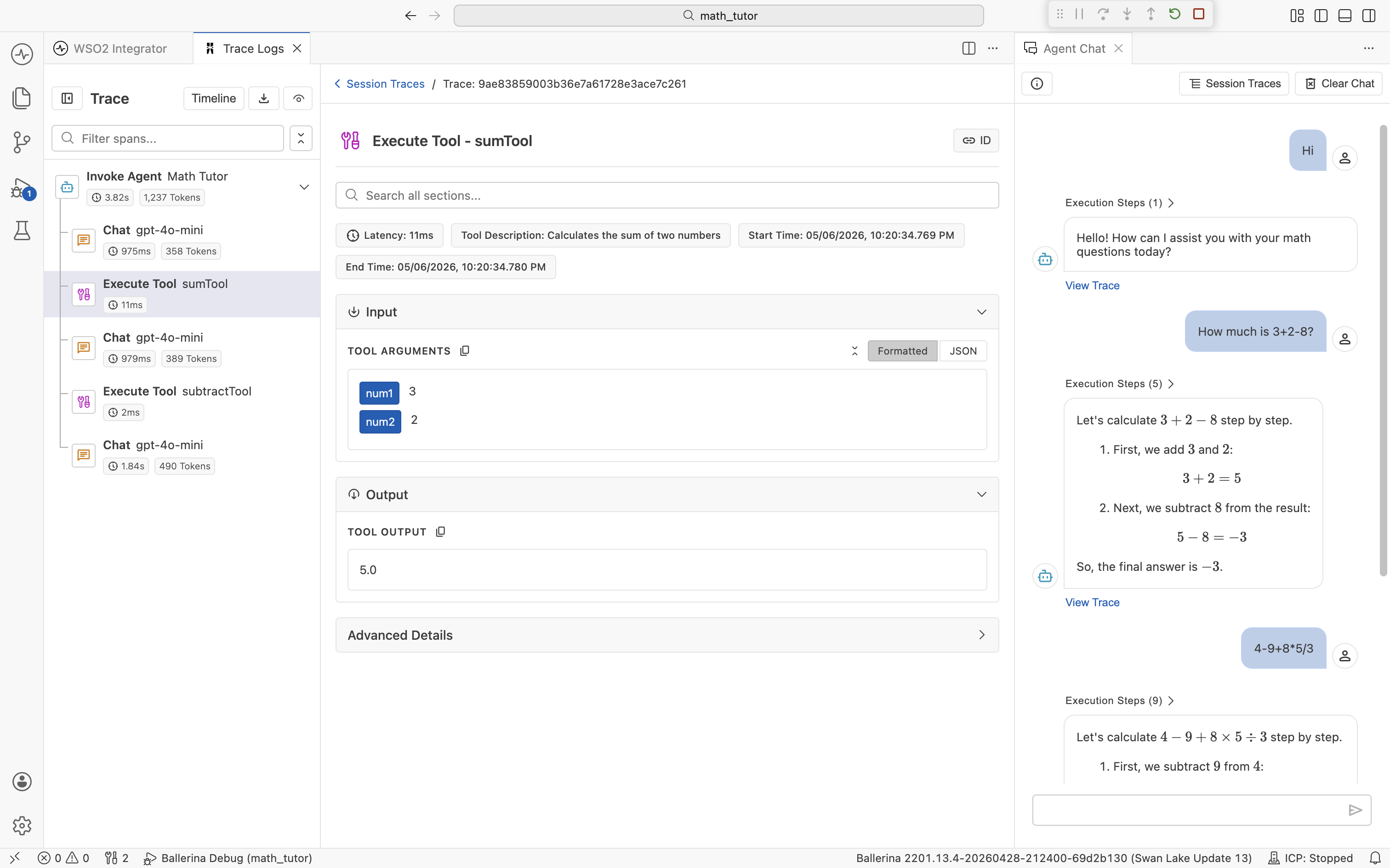 The Execute Tool span detail for 'sumTool'. Pills show Latency 11ms and Tool Description 'Calculates the sum of two numbers'. The Input section labeled TOOL ARGUMENTS lists num1 = 3 and num2 = 2. The Output section labeled TOOL OUTPUT shows 5.0.