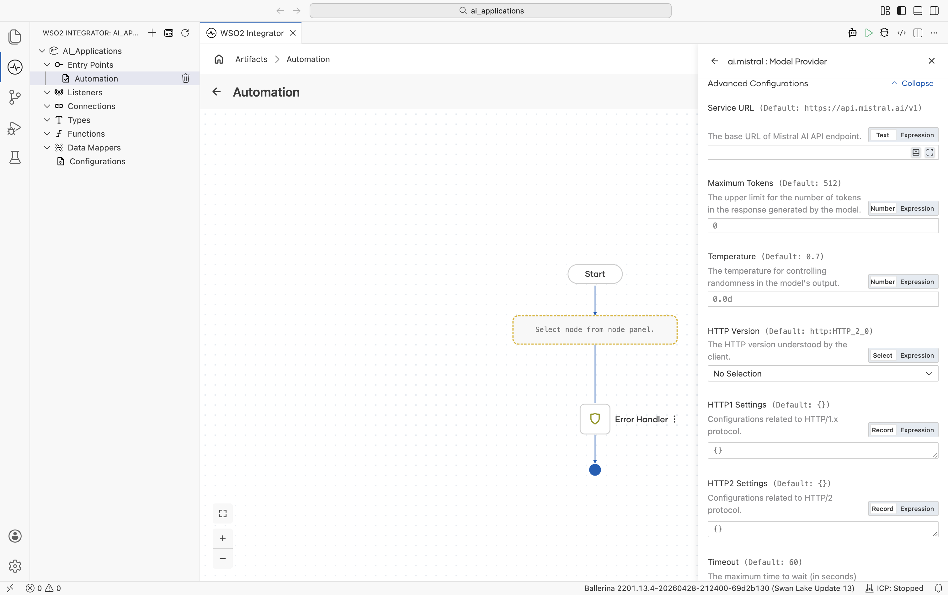 Mistral Create Model Provider form with Advanced Configurations expanded showing Service URL (default https://api.mistral.ai/v1), Maximum Tokens (default 512), Temperature (default 0.7).