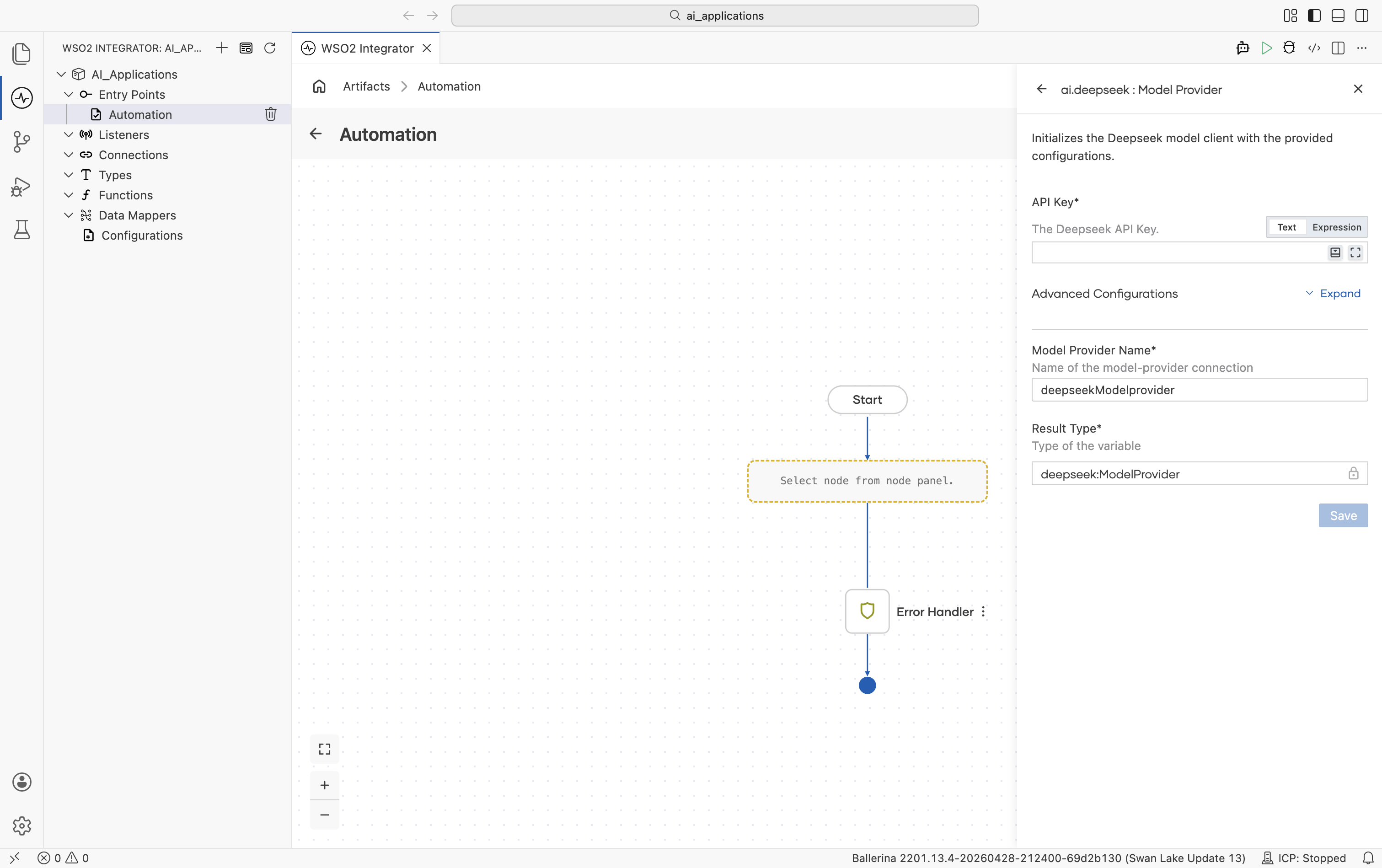 Create Model Provider form for DeepSeek showing one required field: API Key. Below: Advanced Configurations Expand link, Model Provider Name deepseekModelprovider, Result Type deepseek.