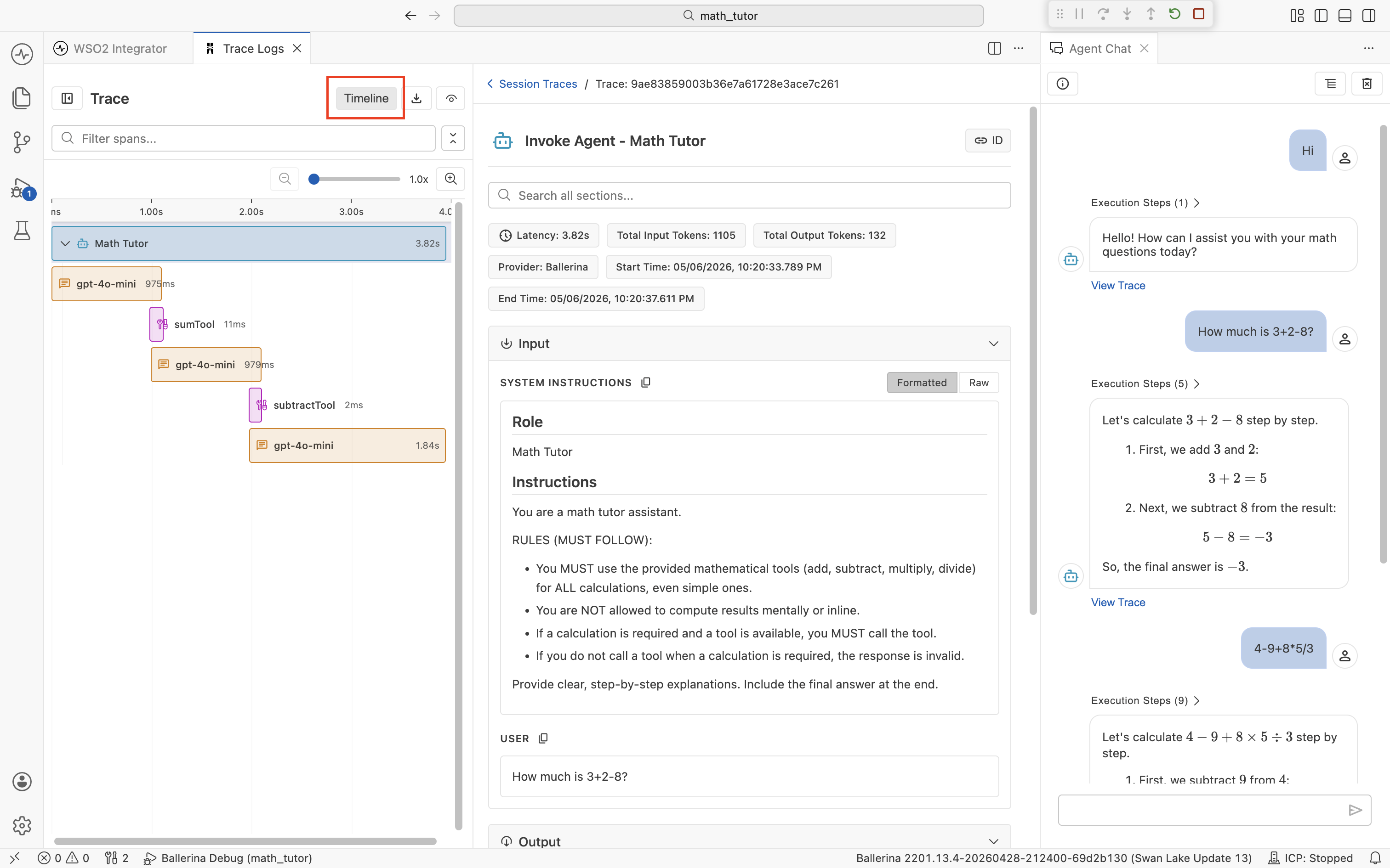 The Trace sidebar in Timeline view. Spans are laid out as horizontal bars on a time axis from 0 to about 3.5 seconds. The top bar is Math Tutor spanning the full run, with child bars for three gpt-4o-mini Chat calls interleaved with sumTool and subtractTool Execute Tool spans.