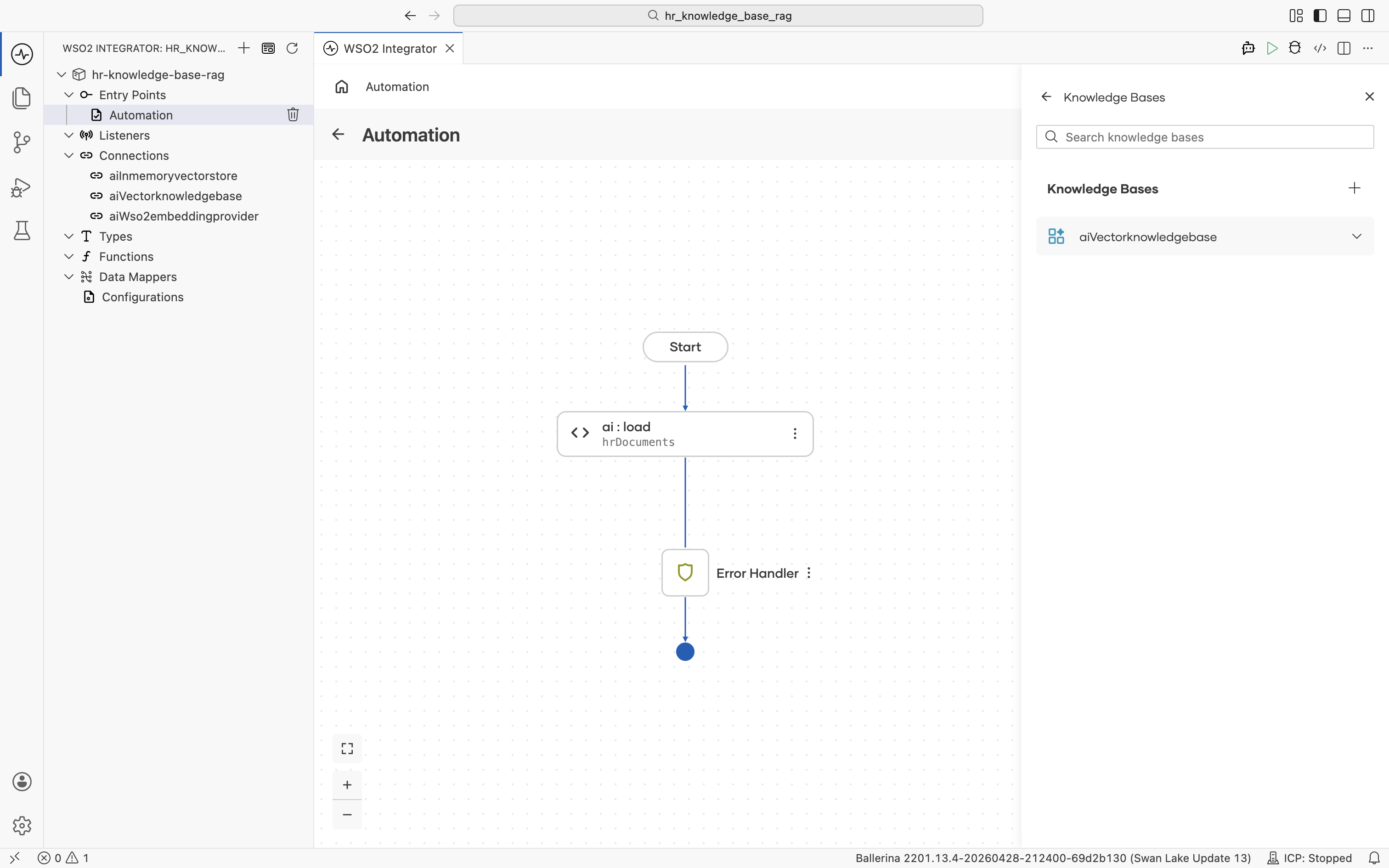 Knowledge Bases panel with aiVectorknowledgebase