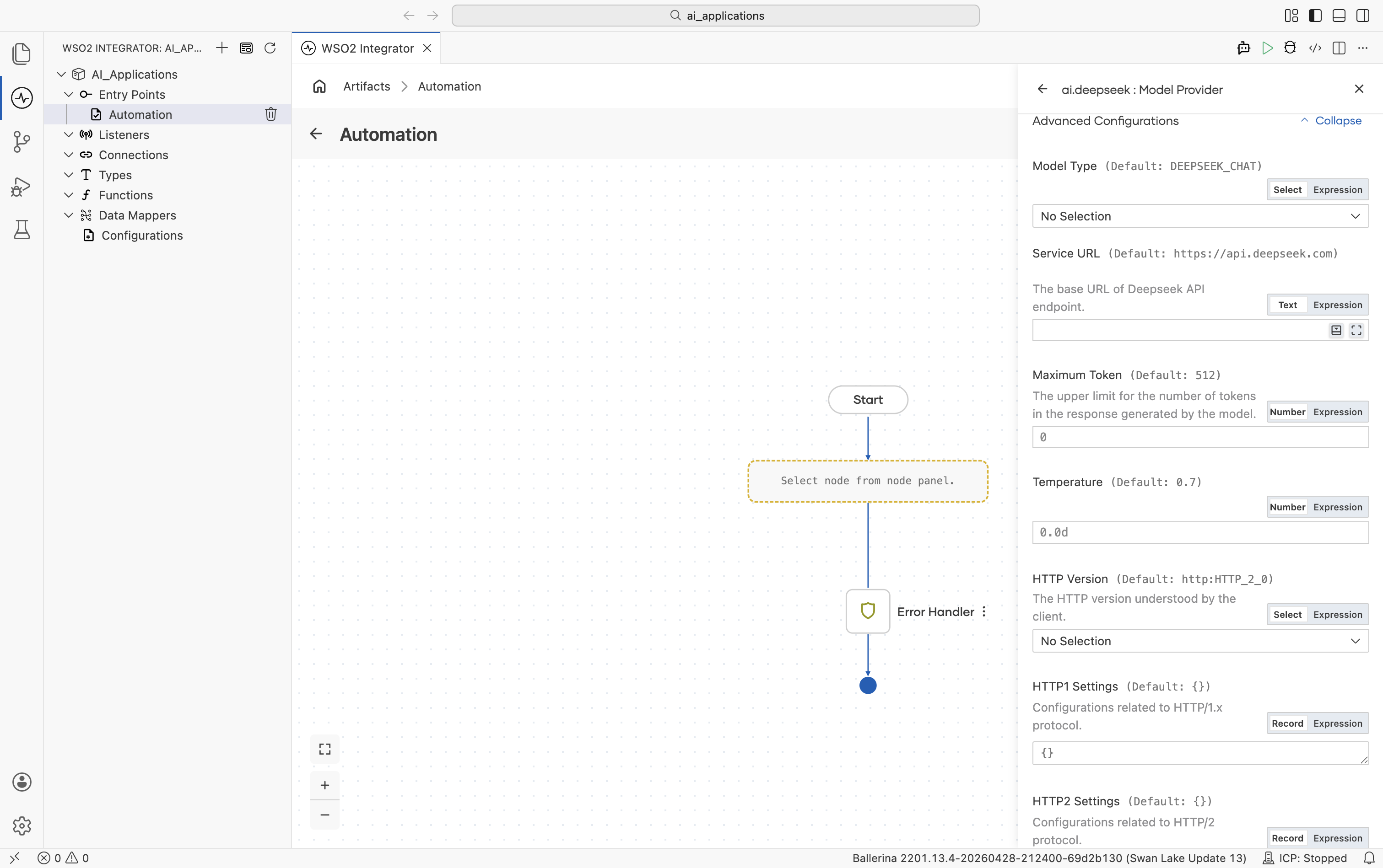 DeepSeek Create Model Provider form with Advanced Configurations expanded showing Model Type (default DEEPSEEK_CHAT), Service URL (default https://api.deepseek.com), Maximum Tokens (default 512), Temperature (default 0.7), HTTP Version, HTTP1 Settings.